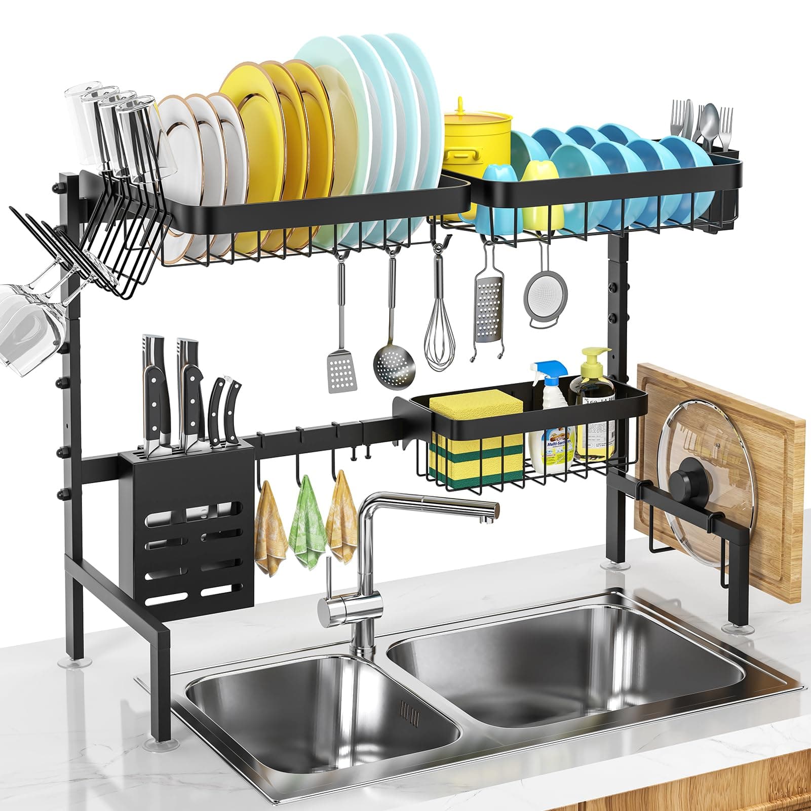 MERRYBOX Over The Sink Dish Drying Rack, 2-Tier Adjustable Length (25.6-33.5in), Stainless Steel Dish Drainer with Cutting Board Holder, Large Dish Rack for Kitchen Counter Organizer Space Saver