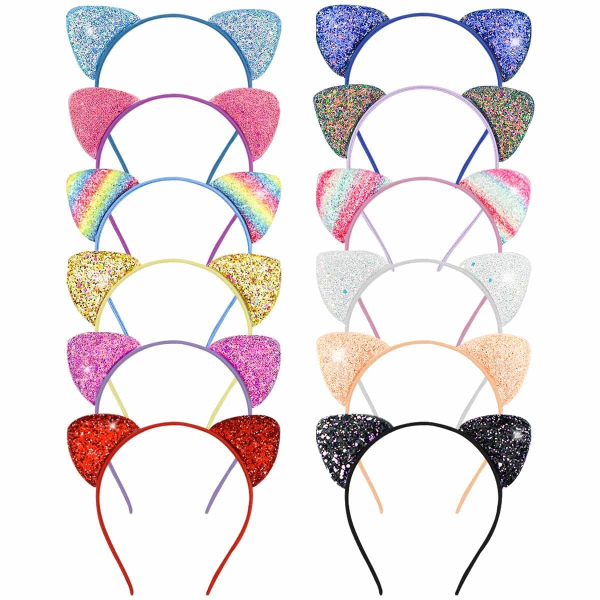 12 Pack Glitter Headbands with Sequin Cat Ears for Girls and Women - Cute Hair Accessories for Daily Wear and Party Decoration (Multicolor)