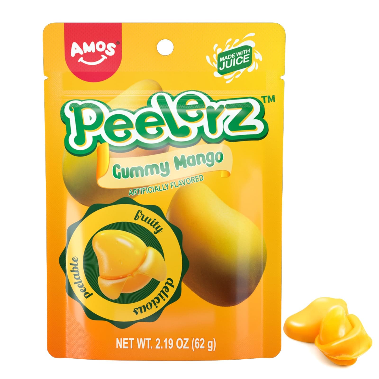 Amos Peelerz Mango Gummy Candy, Peeleble Gummy Mango Peeling Candy,Resealable 2.19oz Bag (Pack of 3)