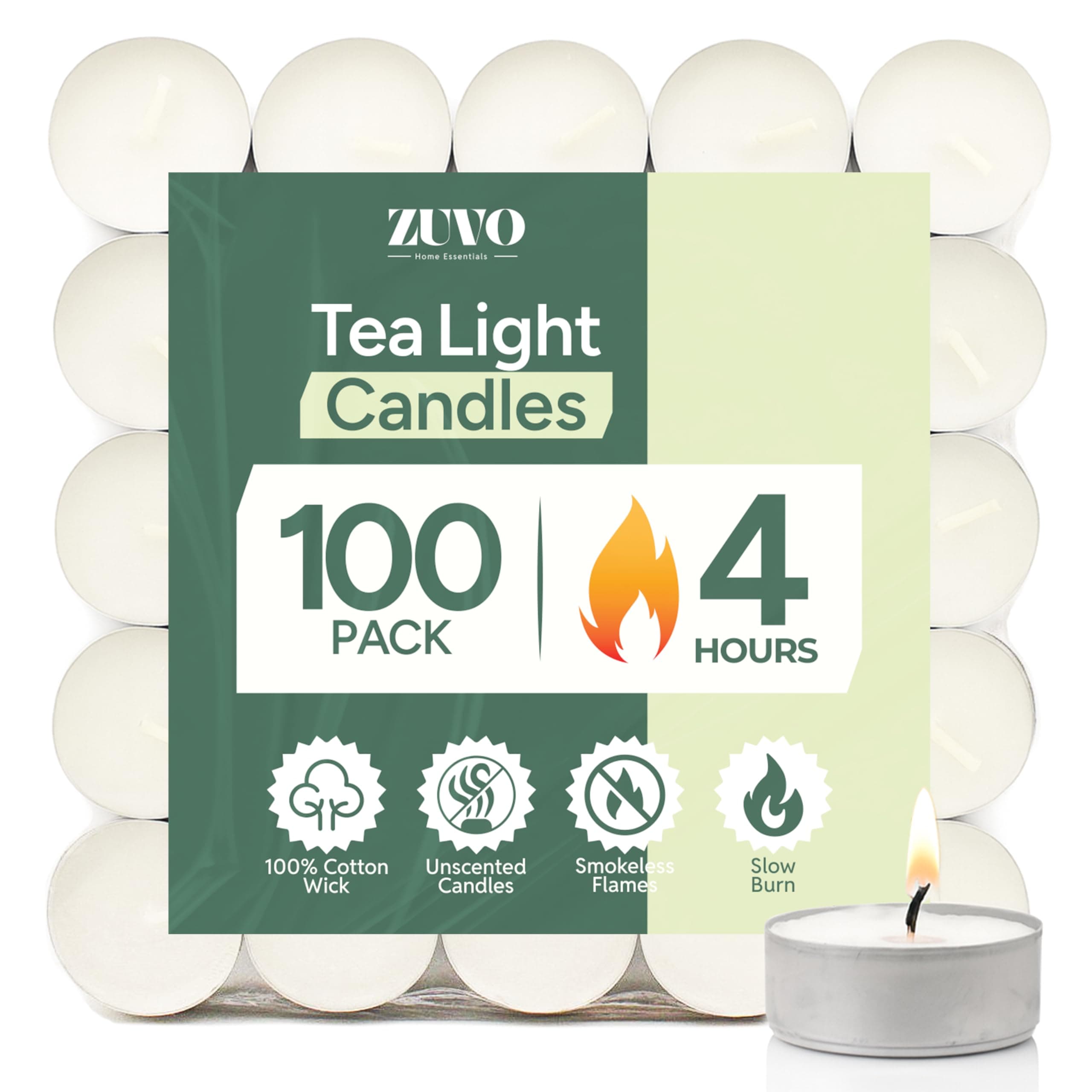 Zuvo 4-Hour Unscented Tea Light Candles (100-Pack) - Long-Lasting with Cotton Wicks, Clean Burning, 3.8 ร 1.3 cm, White