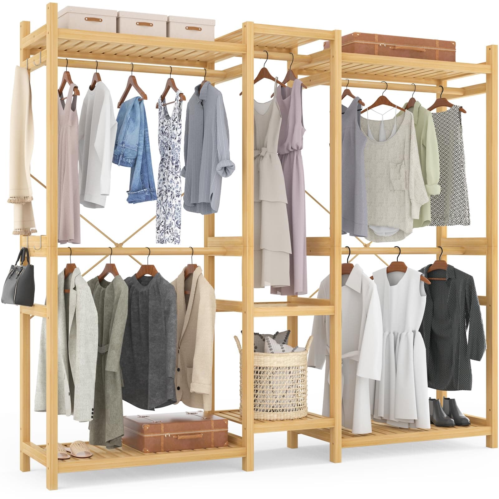Bamboo Clothes Rack with 7 Shelves and 5 Rods