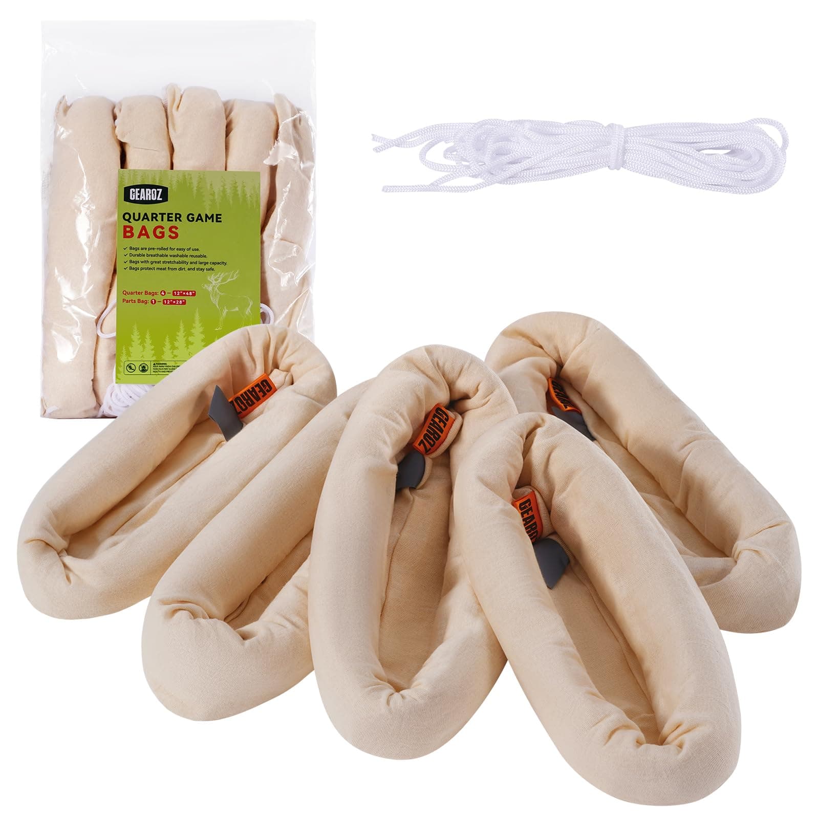 Elk Game Bags Hunting Meat Bag 5-Pack Reusable Rolled Heavy Duty Quarter Bags, Big Game Hunting Essentials for Elk/Caribou/Moose/Deer, 48" x4, 28" x1