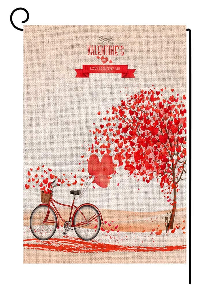 BLKWHT Happy Valentine's Day Garden Flag Vertical Double Sided Red Love Heart Bicycle Yard Outdoor Decorative 12.5 x 18 Inch