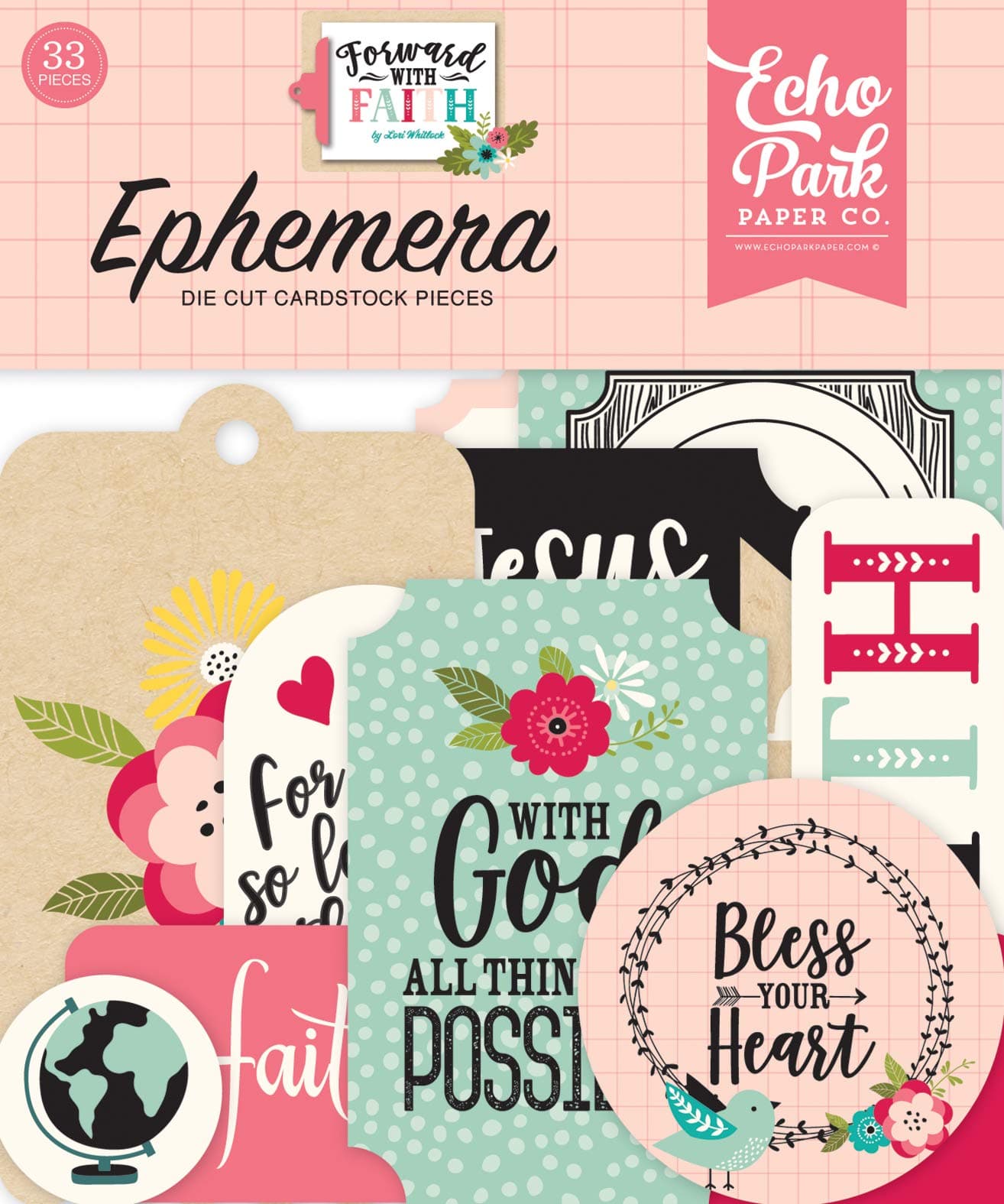 Echo Park Paper Company Forward with Faith ephemera, pink, green, teal, black, tan