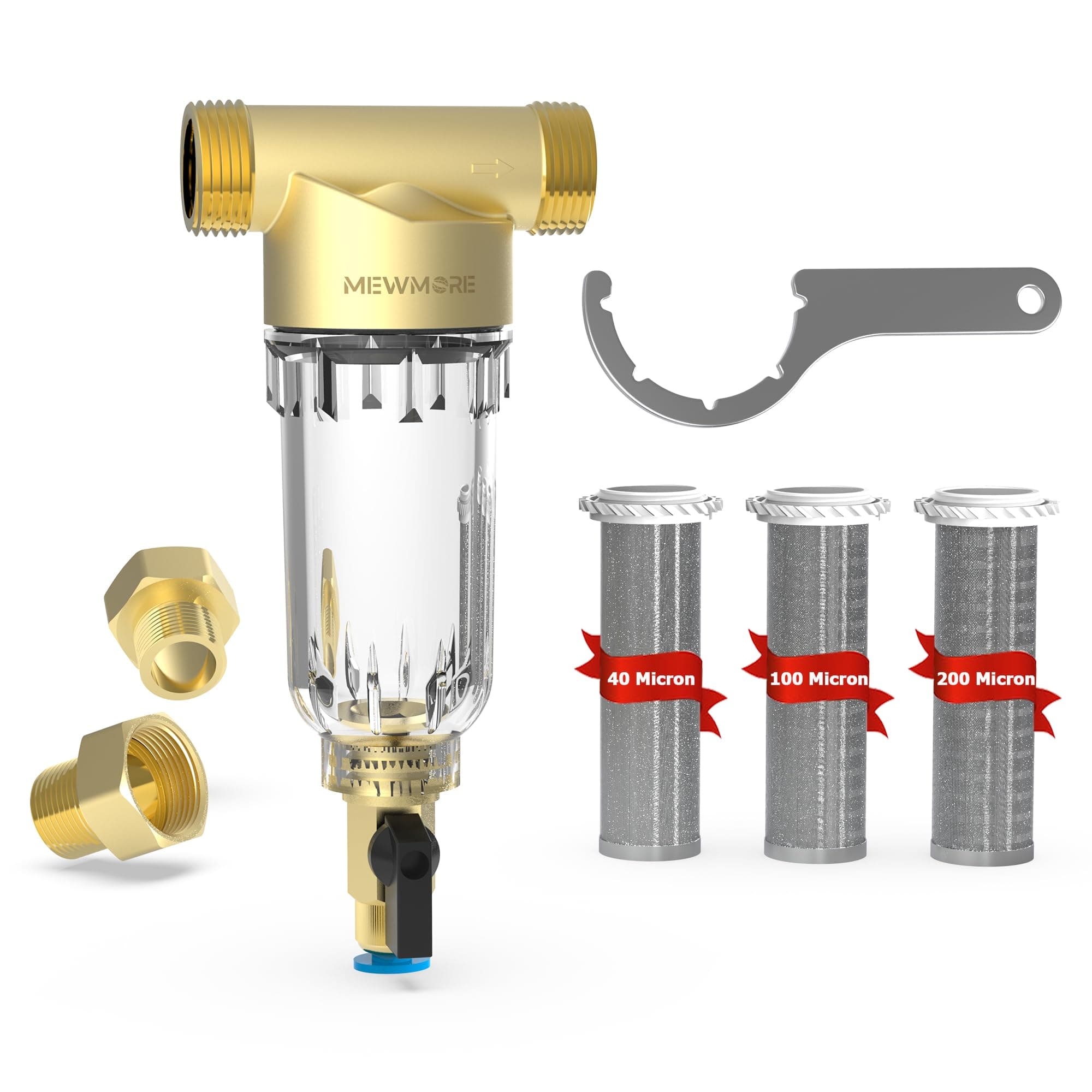 WHC40 Sediment Filter, 40 & 100 & 200 Micron Reusable Spin Down Sediment Water Filter, Whole House Water Filter for Well Water, Home Pre-filtration System, 1" MNPT + 3/4" FNPT + 3/4"MNPT