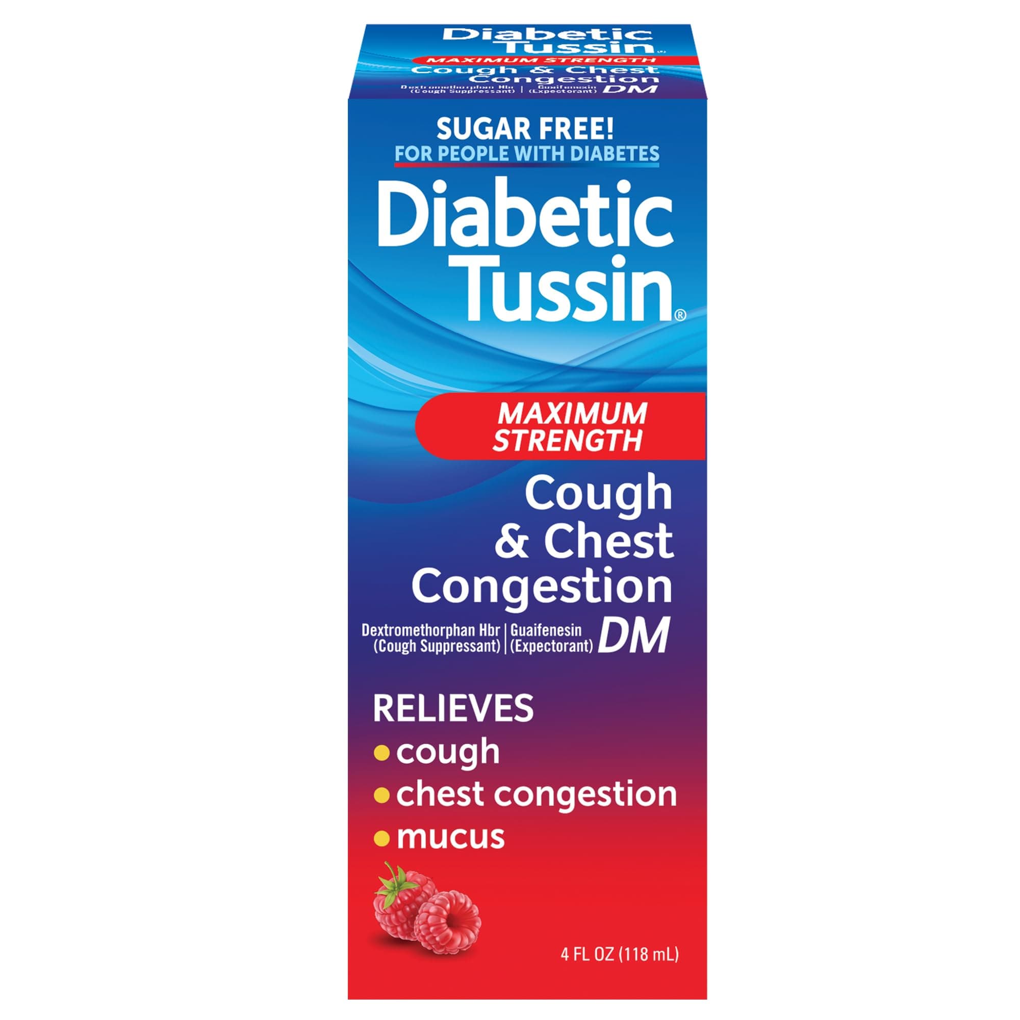 Diabetic Tussin DM Maximum Strength Cough Medicine for Adults, People with Diabetes – No Sugar, Dyes, Sodium, Fructose or Alcohol – Berry Flavored Cough Syrup, 4 Fl Oz