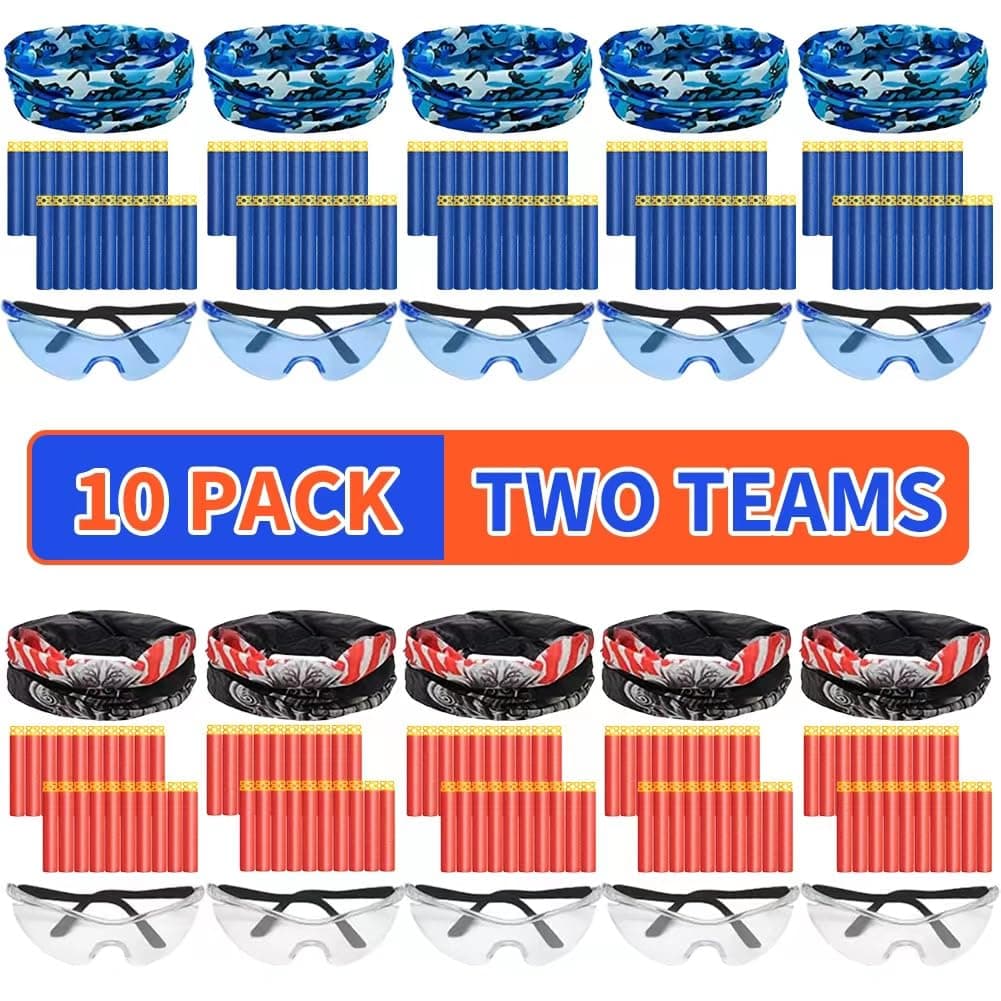 Party Supplies Compatible for Nerf - 10 Kids Pack Boys Birthday Party War Decorations,Face Mask Protective Glasses 200 Foam Bullets Darts for Two Teams Toy for Kids Boys.
