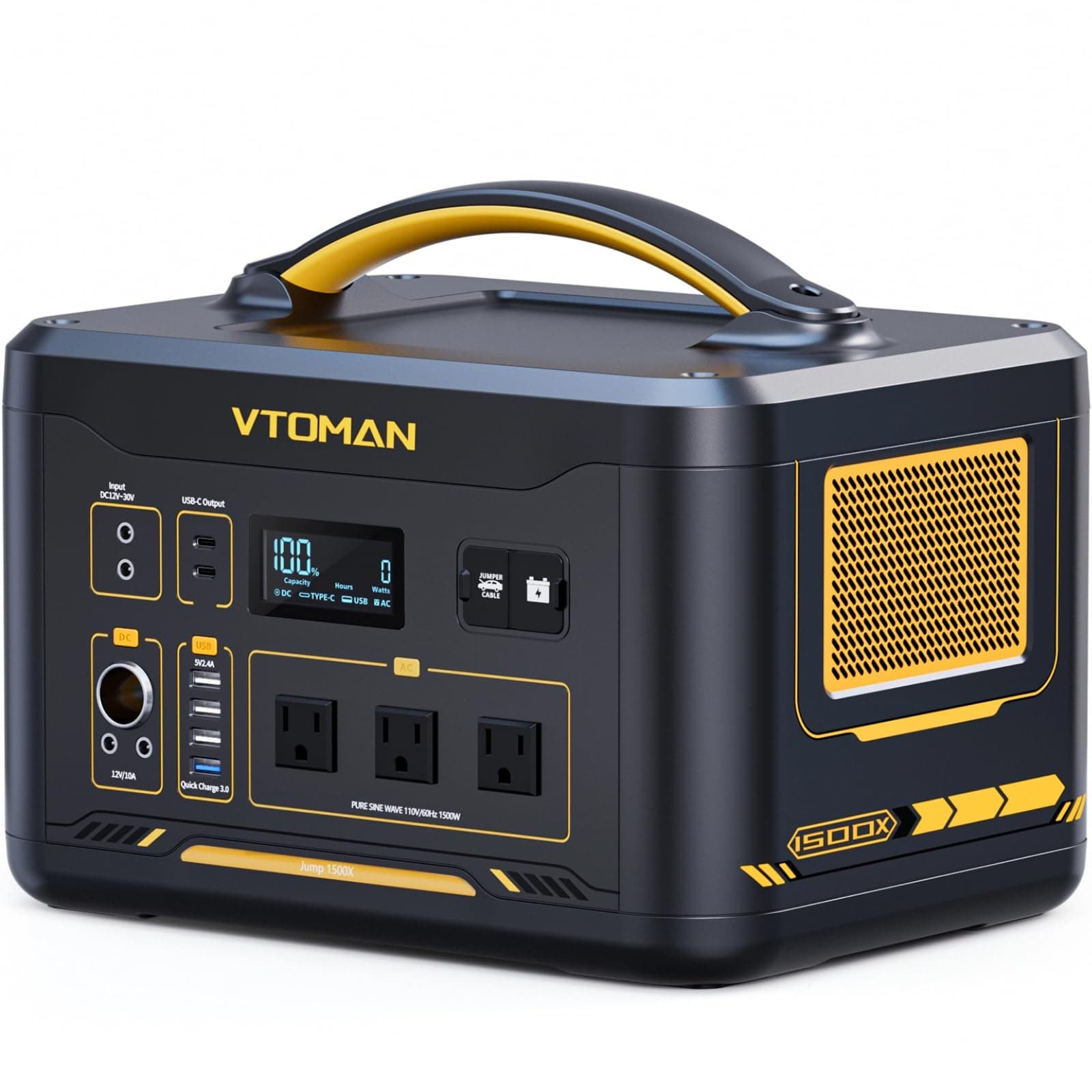 VTOMAN Jump1500X Portable Power Station, 828Wh LiFePO4 Battery Solar Generator with Jump Start, 1500W AC Outlet, 100W PD Type-C, Large Capacity Expandable to 2376Wh for Camping, RV Travel, Home Backup