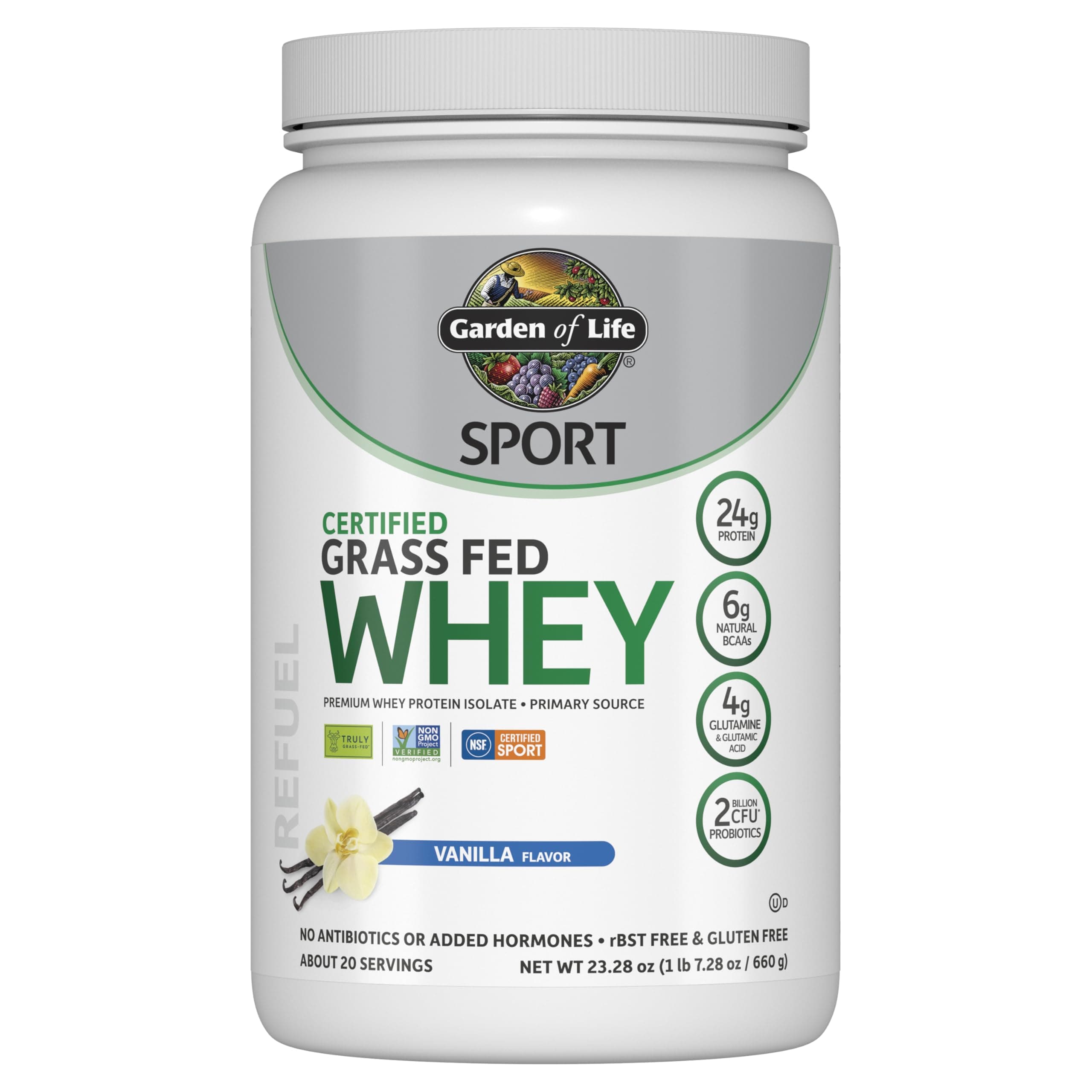 Sport Whey Protein Powder Vanilla, Premium Grass Fed Whey Protein Isolate Plus Probiotics For Immune System Health, 24G Protein, Non gmo, Gluten Free, Cold Processed - 20 Servings