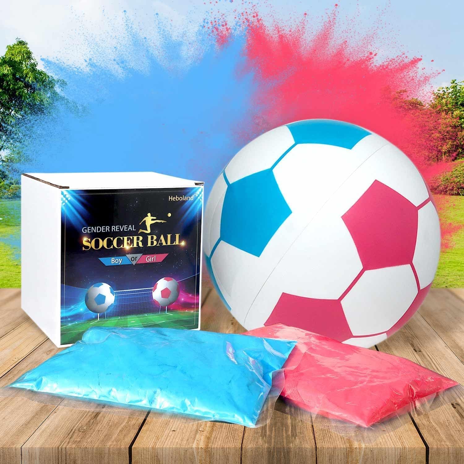 Heboland Gender Reveal Soccer Ball with Powder, Revelacion de de Bebe 2 Big Bags of Pink and Blue Gender Reveal Powder for Boy or Girl Baby Gender Reveal Ideas