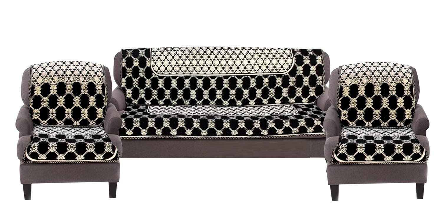 - Nendle Luxurious Cotton Abstract Design 5 Seater Sofa Cover Set for Living Room (Black, 6 Pieces)