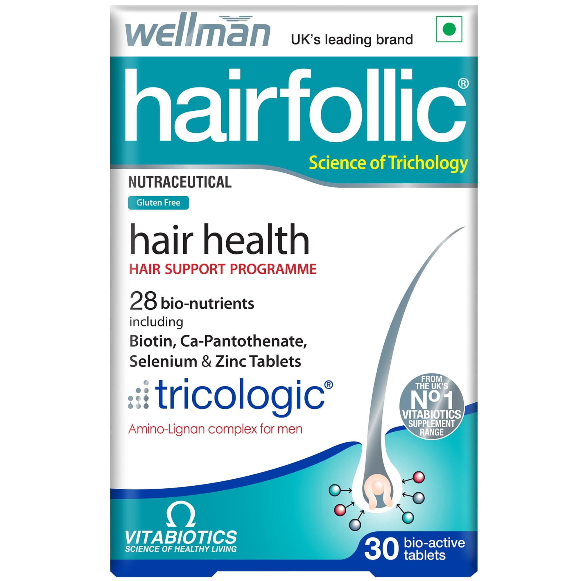 Wellman Hairfollic Hair supplements for Men with zinc, selenium, lignans that supports hair growth, provide strength to hair roots | vegetarian 30 tablets