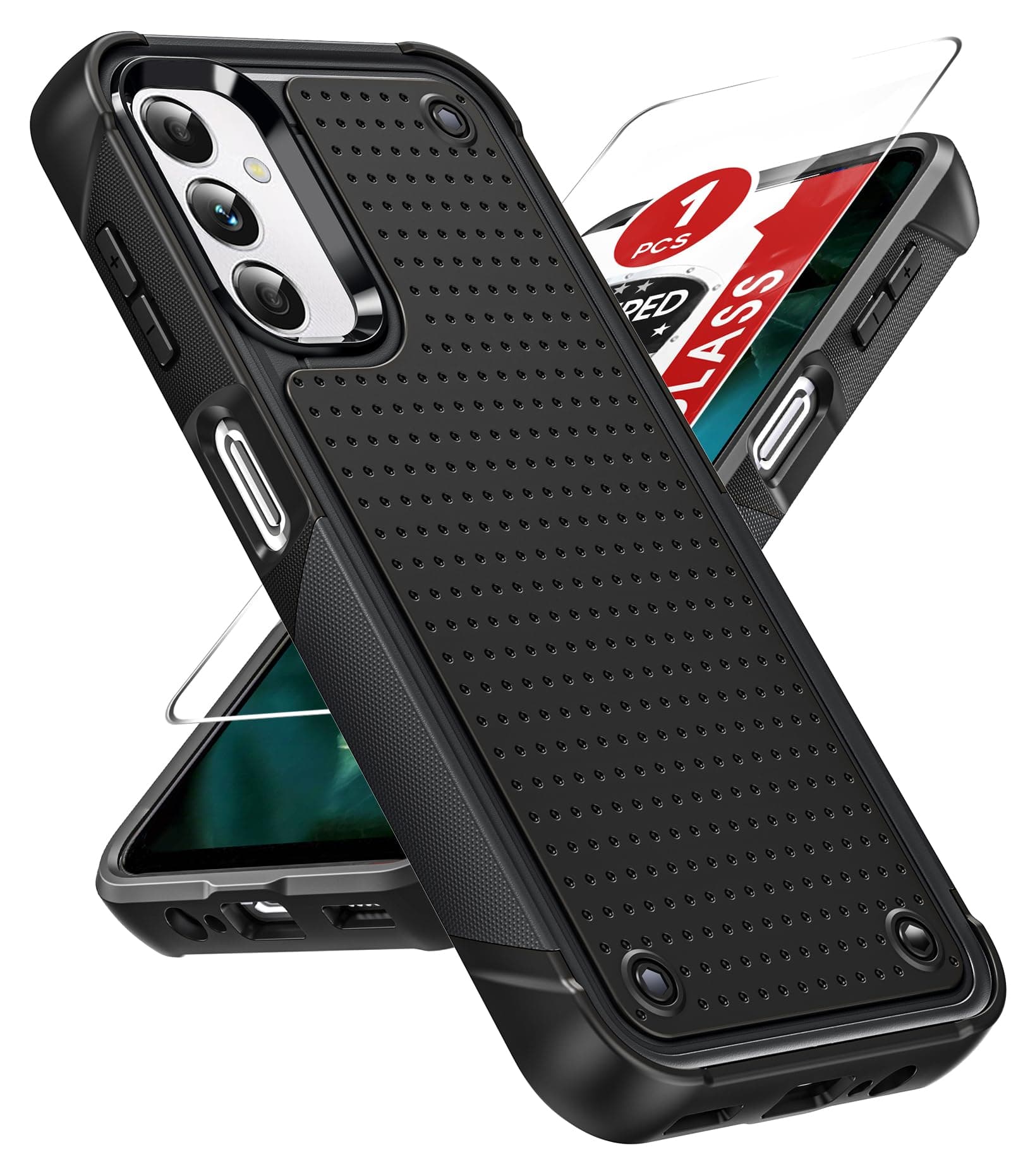 for Samsung Galaxy A14-5G Phone Case: with Glass Screen Protector Accessories, Heavy Duty Shockproof Dual Layer Hard PC Textured Back & Soft TPU Cover for Galaxy 14A Mobile Smartphone, Black