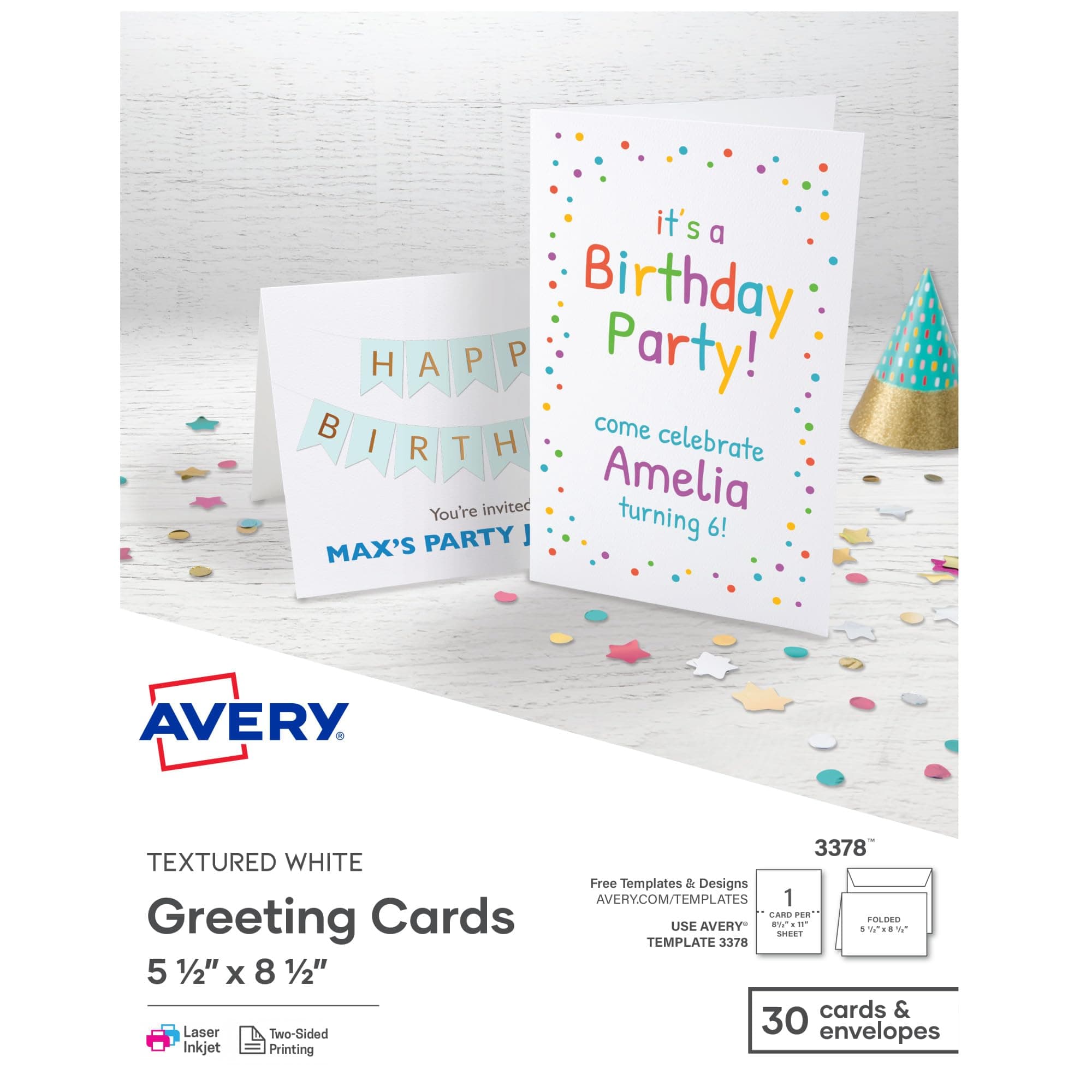 Avery Printable Half-Fold Greeting Cards, Envelopes Included, 5.5" x 8.5", Textured White, Laser & Inkjet Compatible, 30 Blank Cards Total, Great for Product Branding, Marketing, and More (3378)