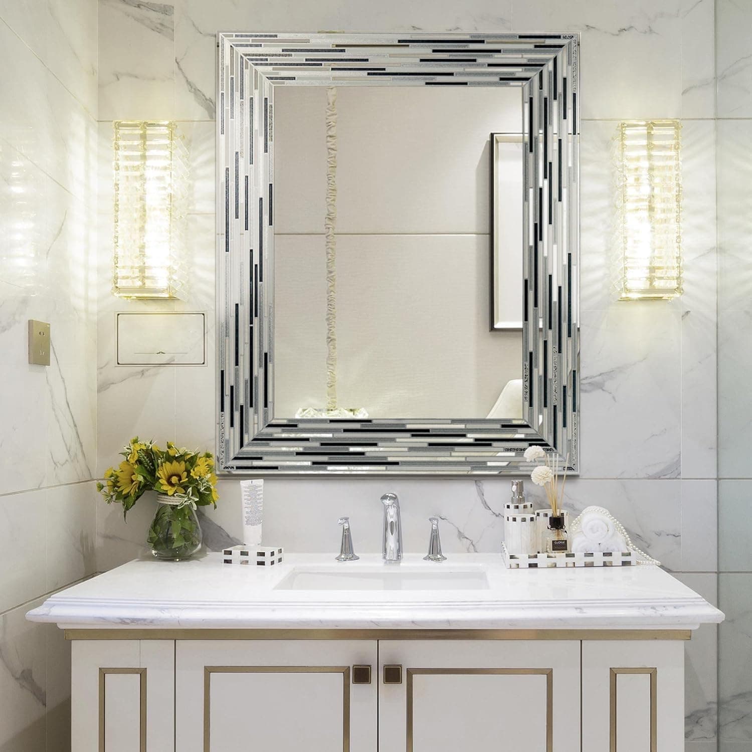 Head West 24"x30" Reeded Tiled Grey Mosaic Accent Vanity Mirror for Bathroom Wall, Printed Glass Rectangle Vanity Bathroom Mirror for Over Sink, Bedroom, & Living Room