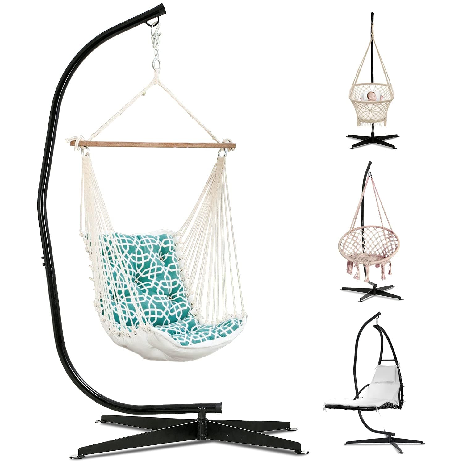 Hammock Chair Stand, C Stand Hanging Stand Weather Resistant Steel Frame 360 Degree Rotation for Outdoor, Indoor Porch Hammock, Black, 44 x 36 x 87 inches(Stand Only)