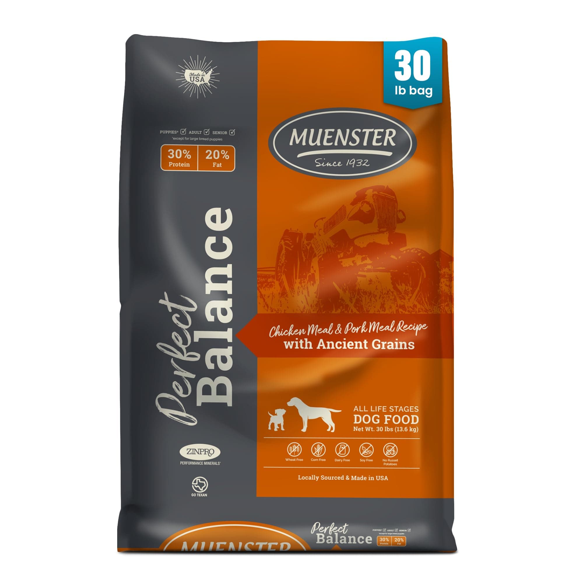 Muenster Perfect Balance Chicken & Pork Meal w/Ancient Grains Dog Food (30lb) - Gluten Free Dry Dog Food– Non-GMO Sensitive Stomach Dog Food - Balanced Dog Kibble for All Breeds & Life Stages