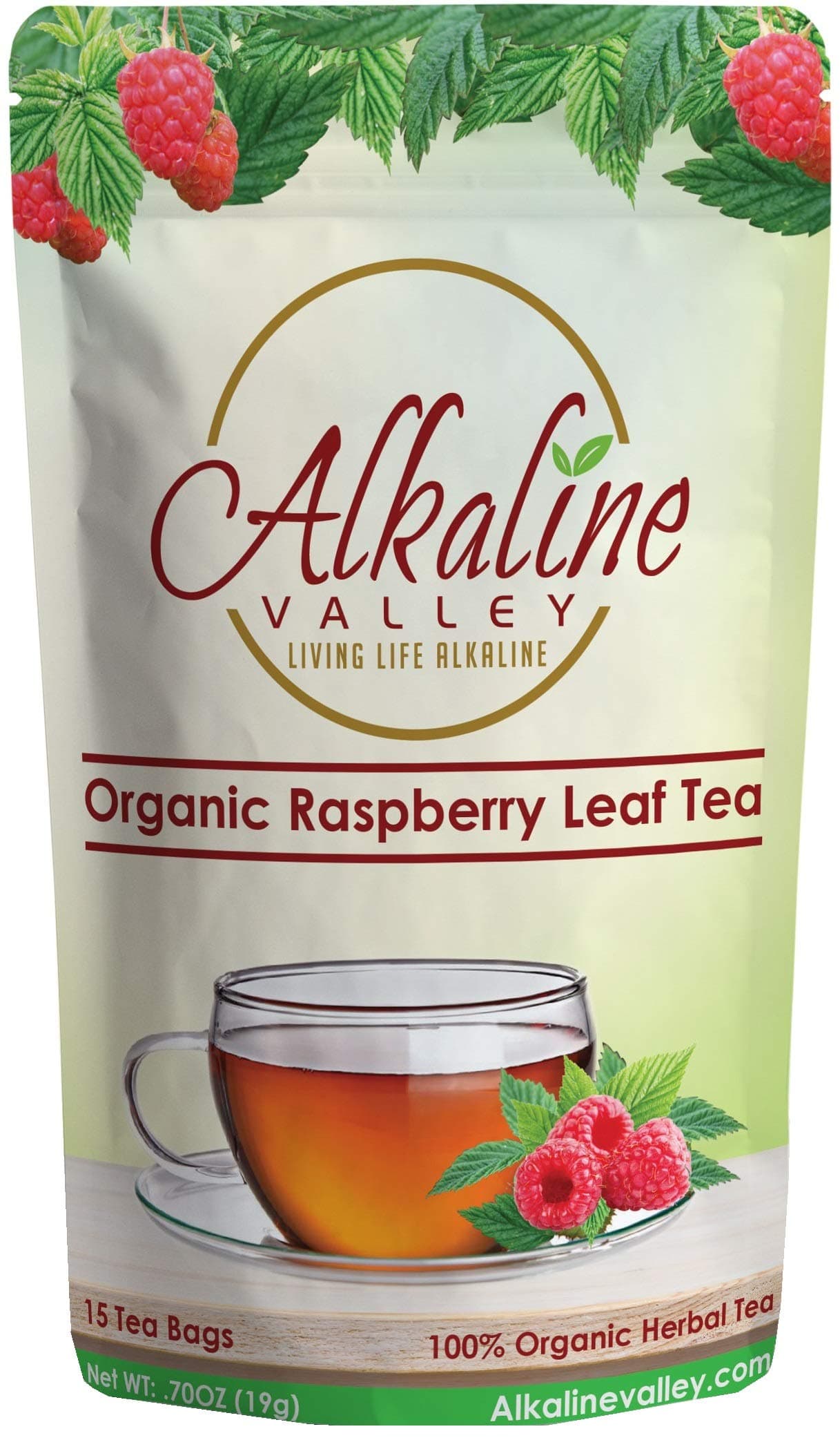 Red Raspberry Leaf Tea - 100% Alkaline and Organic - 15 Unbleached/Chemical-Free Tea Bags - Caffeine-Free, No GMO