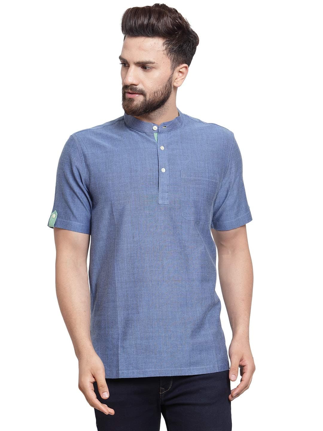 Dhrohar NEUDIS Cotton Short Roll Up Sleeve Mandarin Collar Short Kurta for Men Partyware Dress (Blue)