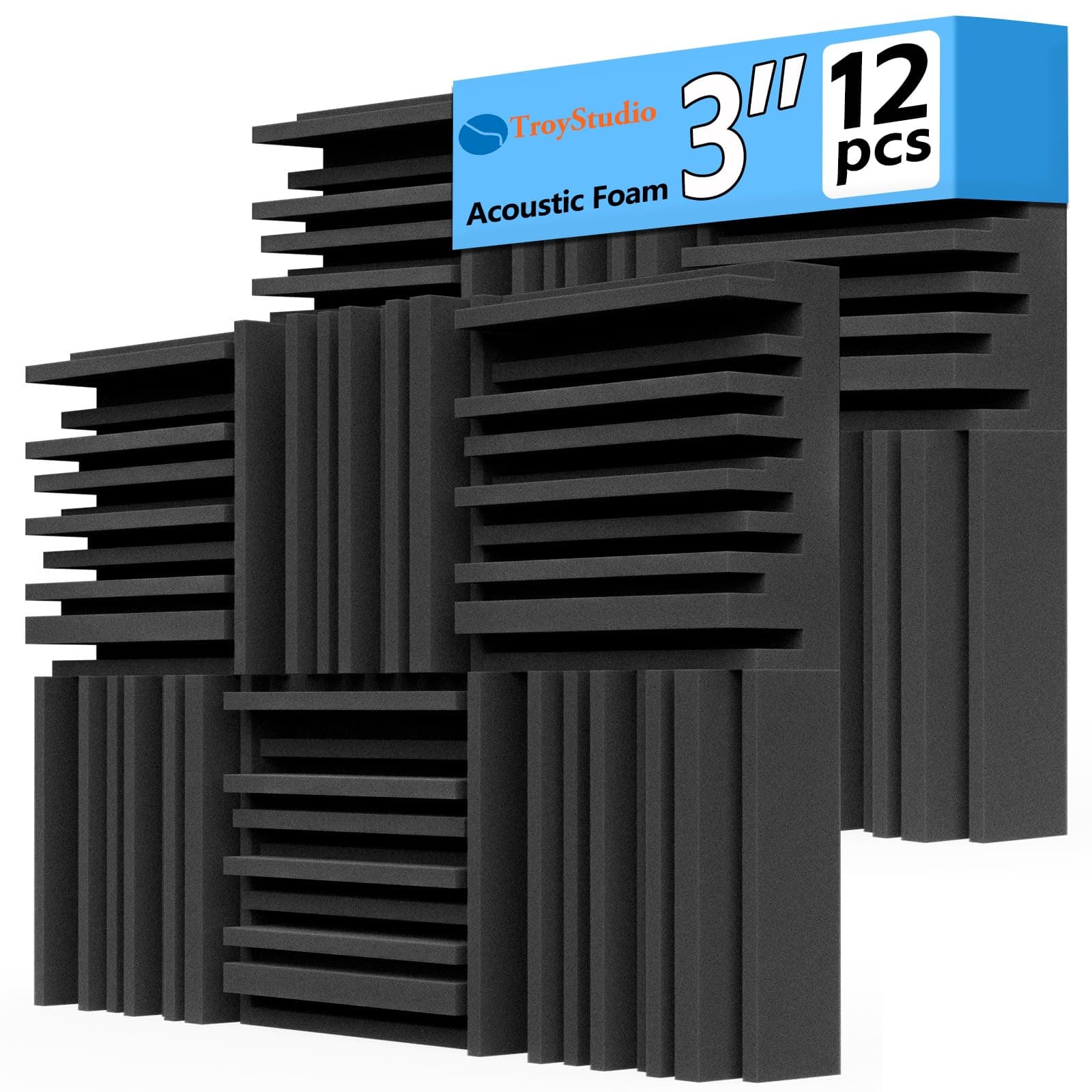 TroyStudio Thick Acoustic Foam Panels, 12 X 12 X 3 Inch 12 Pcs Broadband Sound Absorbing Foam, Dense Soundproof Padding Tile, Recording Studio Foam Absorber, Groove Decorative 3D Wall Ceiling Panel
