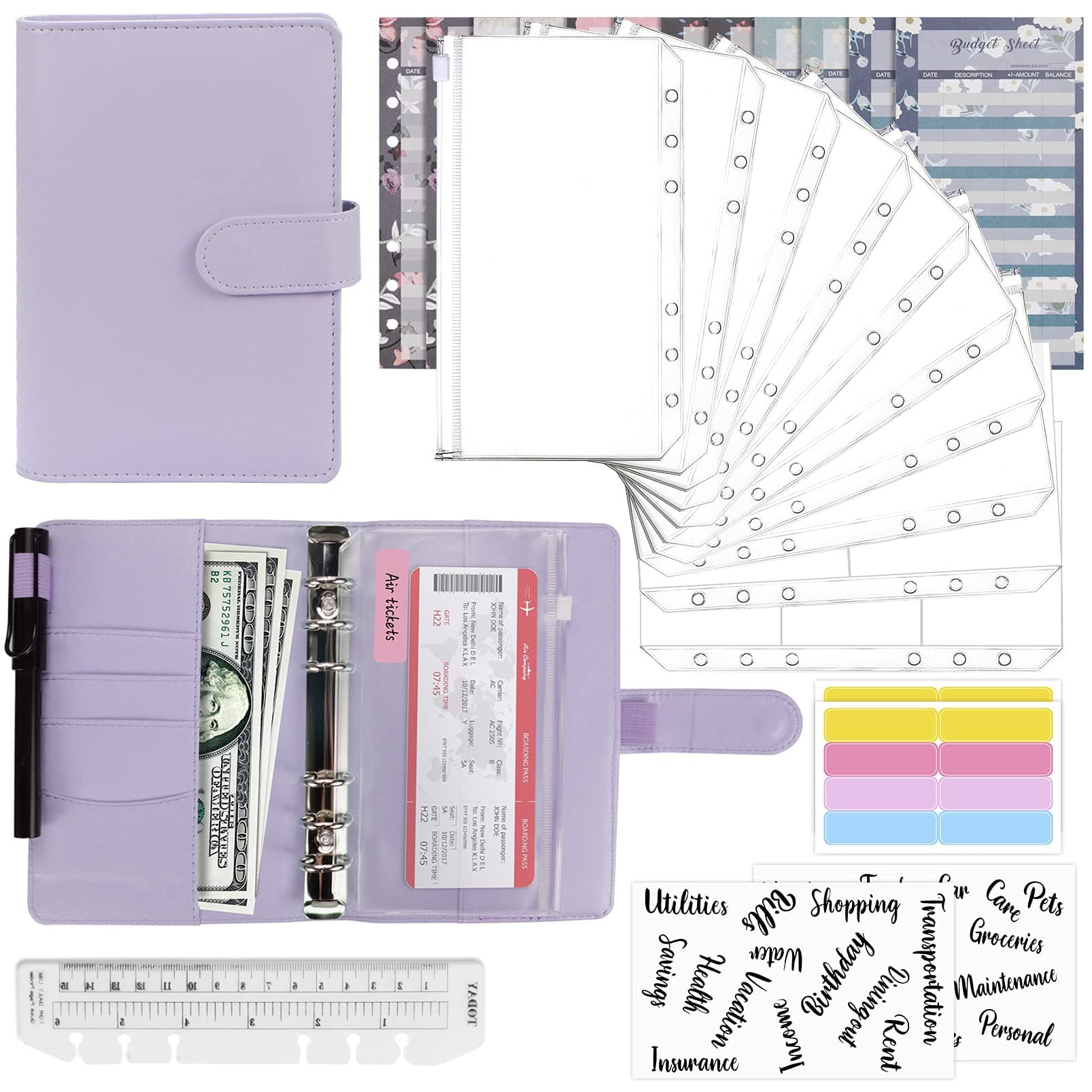 Mlife Budget Binder Set - 28pcs Leather Ring Notebook with Clear Cash Envelopes,Budget Sheets and Label Stickers, Money Saving Binder Organizer for Travel and Diary Purple