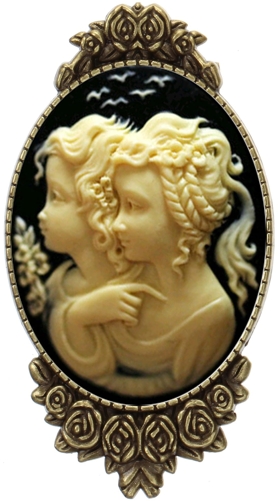Cameo Style Brooch Pin Rose Decor Antique Brass Fashion Jewelry Pouch for Gift