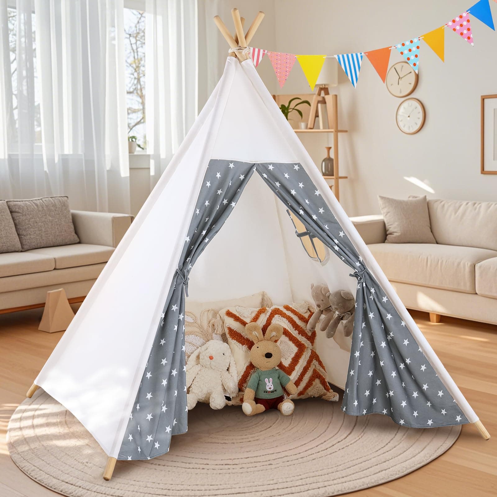Teepee Tent for Kids Indoor - Kids Tee Pee Tent with Light & Flag, Cotton Foldable Toddler Teepee Outdoor, Sleepover Party Toy Gift for Girls Boys, Child Play House Room Decoration