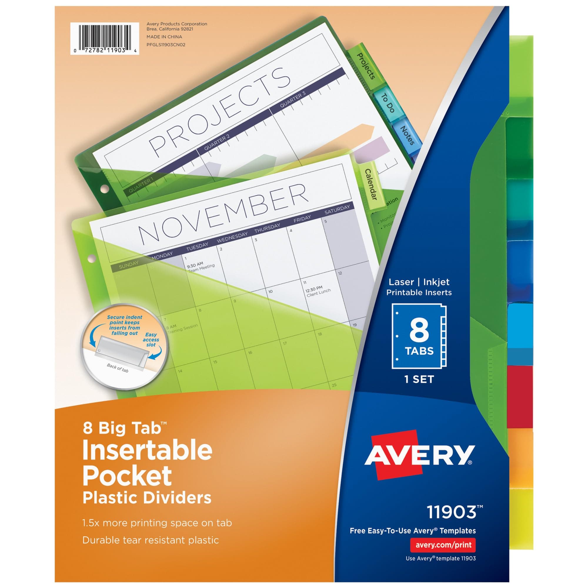 Avery Insertable Plastic Dividers for 3 Ring Binders, 8 Tabs per Set, Big Tabs, One Pocket, Multicolor Binder Dividers, Works with Sheet Protectors (11903)