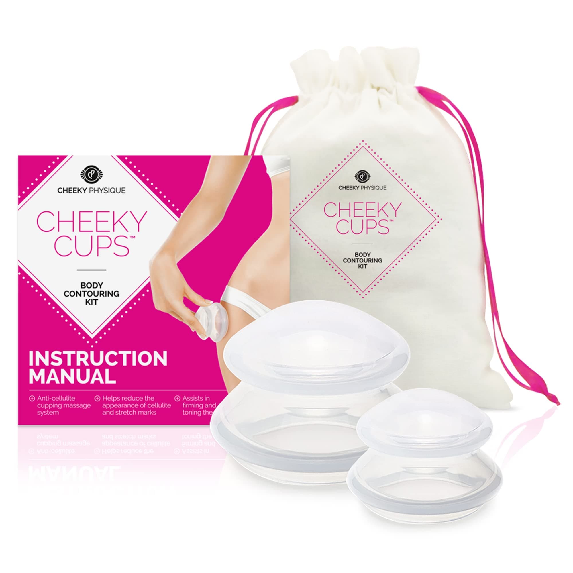 Cheeky Cups Cellulite Suction Cup Set - Anti Cellulite Cupping Massage - Vacuum Therapy Body Contouring Kit Include 2 Silicone Cups for Legs, Buttocks, Thighs