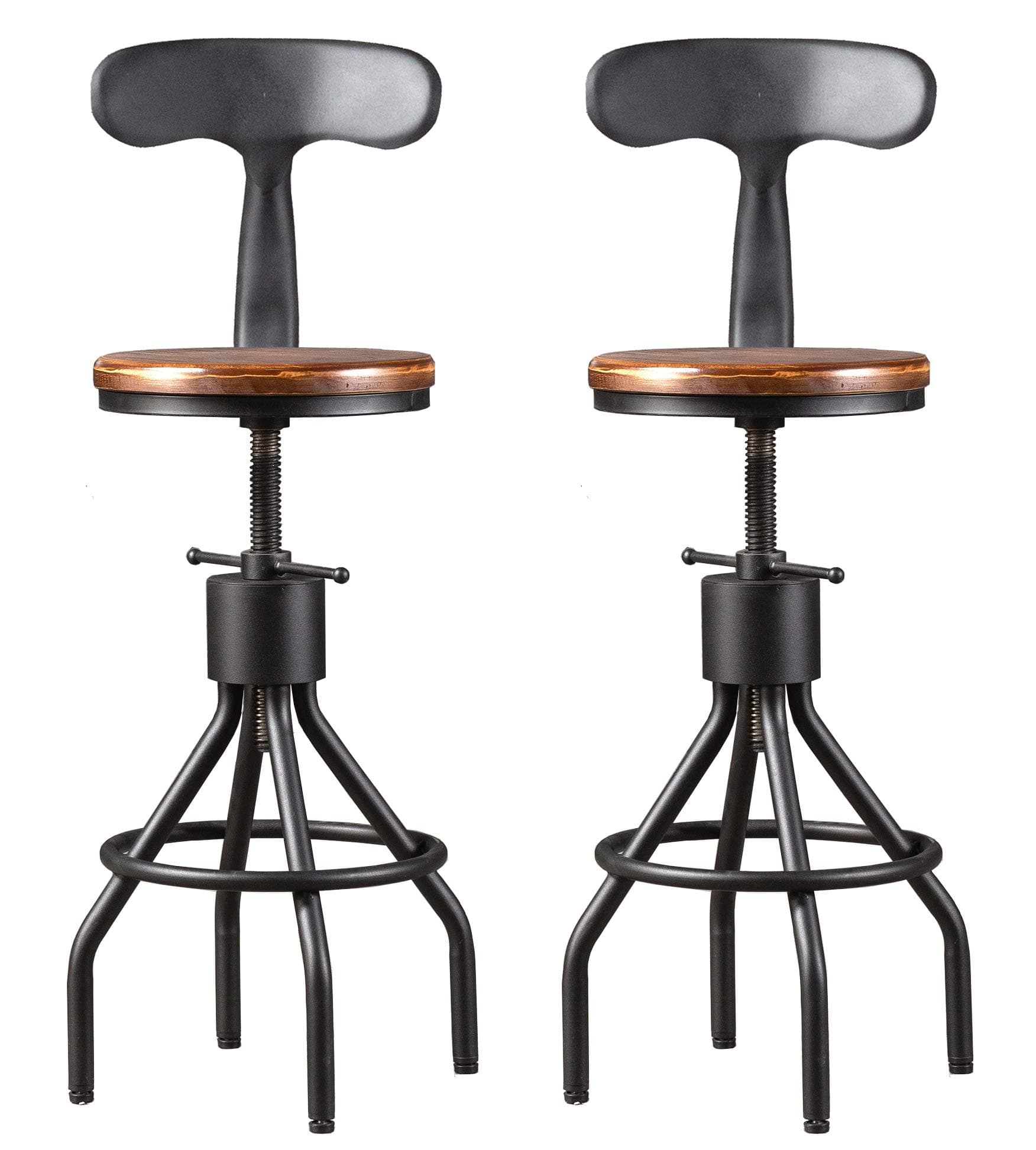 LOKKHAN Set of 2 Rustic Industrial Bar Stool-24-30 Tall Adjustable Metal Swivel Wooden Top Barstools-Counter Height Bar Height-Vintage Farmhouse Kitchen Breakfast Cafe Stool-with Backrest