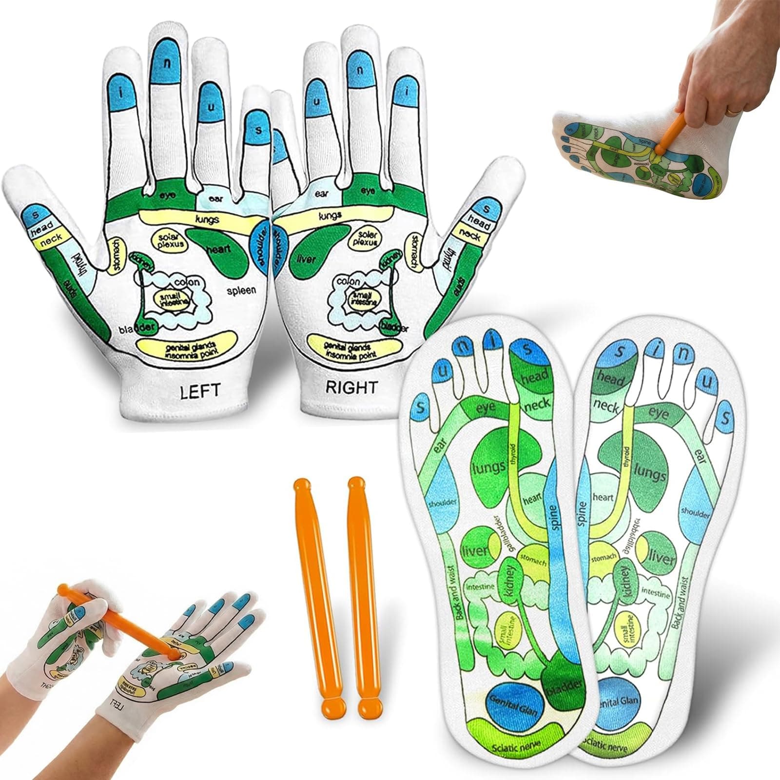 Acupressure Socks and Gloves - 4 Pcs Reflexology Socks with Tools, Tutorial Reflexology Gloves with Massage Sandal, Pain Relief Acupuncture Socks for Foot Massage (2 Rods)