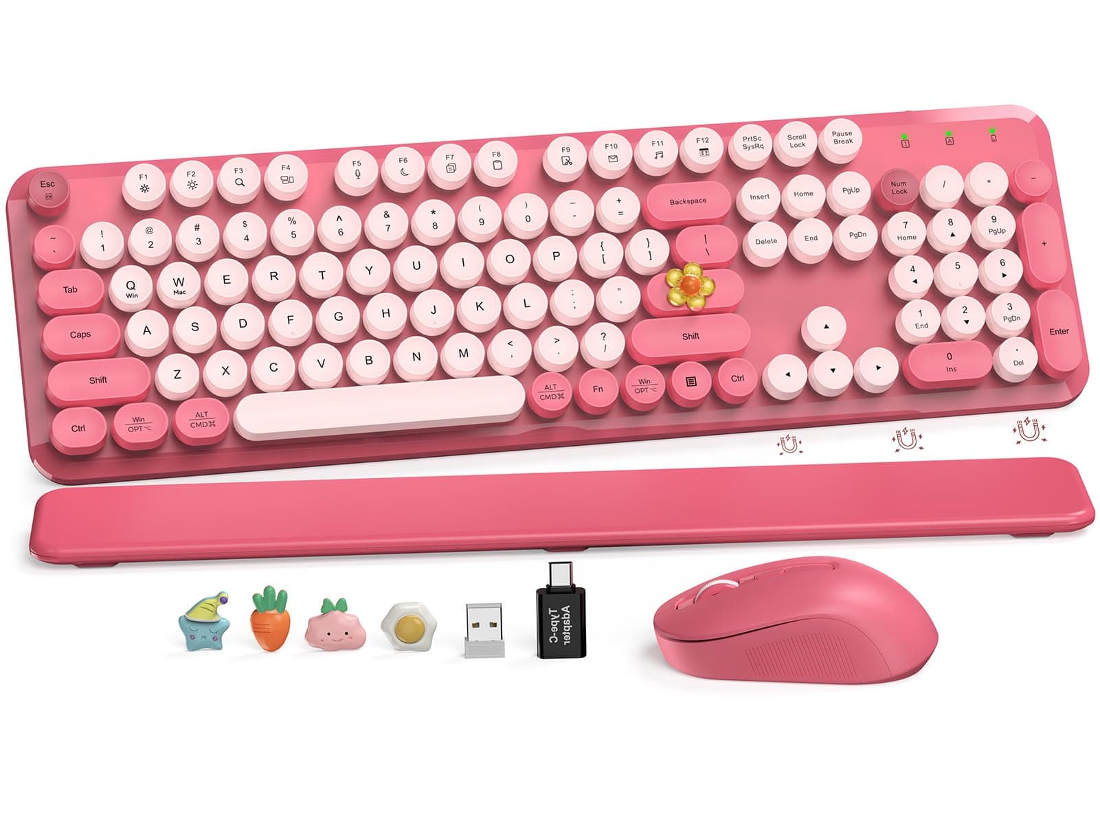 Wireless Keyboard and Mouse Combo - Pink Retro Keyboard with Round Keycaps, Full-Size Typewriter Keyboard with Detachable Wrist Rest, 2.4GHz Dropout-Free Connection for Mac/Windows/PC(Pink-Colorful)