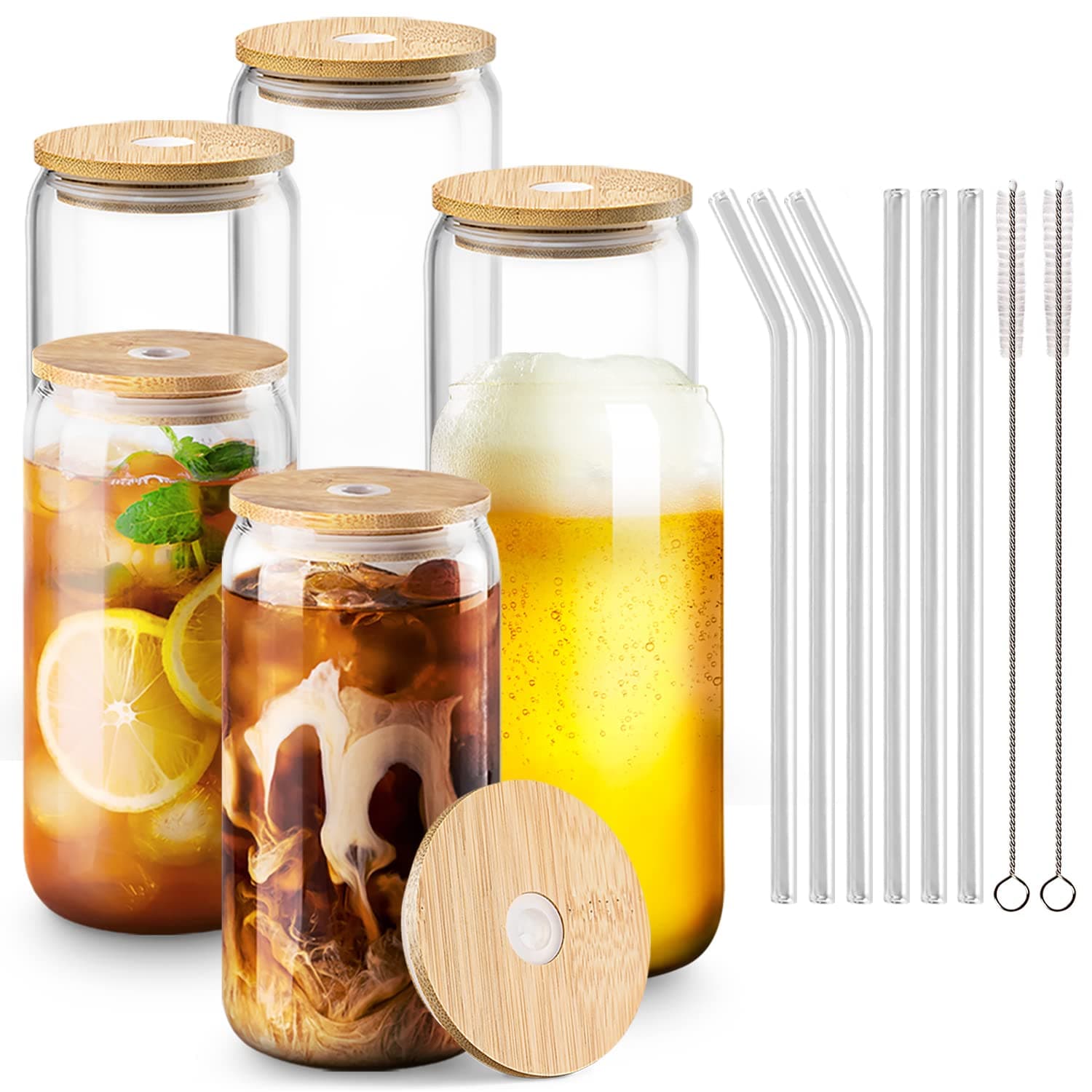 Combler Drinking Glasses with Bamboo Lids and Straws, 16 oz Glass Cups Set of 6, Beer Glass Coffee Cups with Lids and Straw, Iced coffee Cup for Coffee Bar Accessories, Birthday Gifts for Women