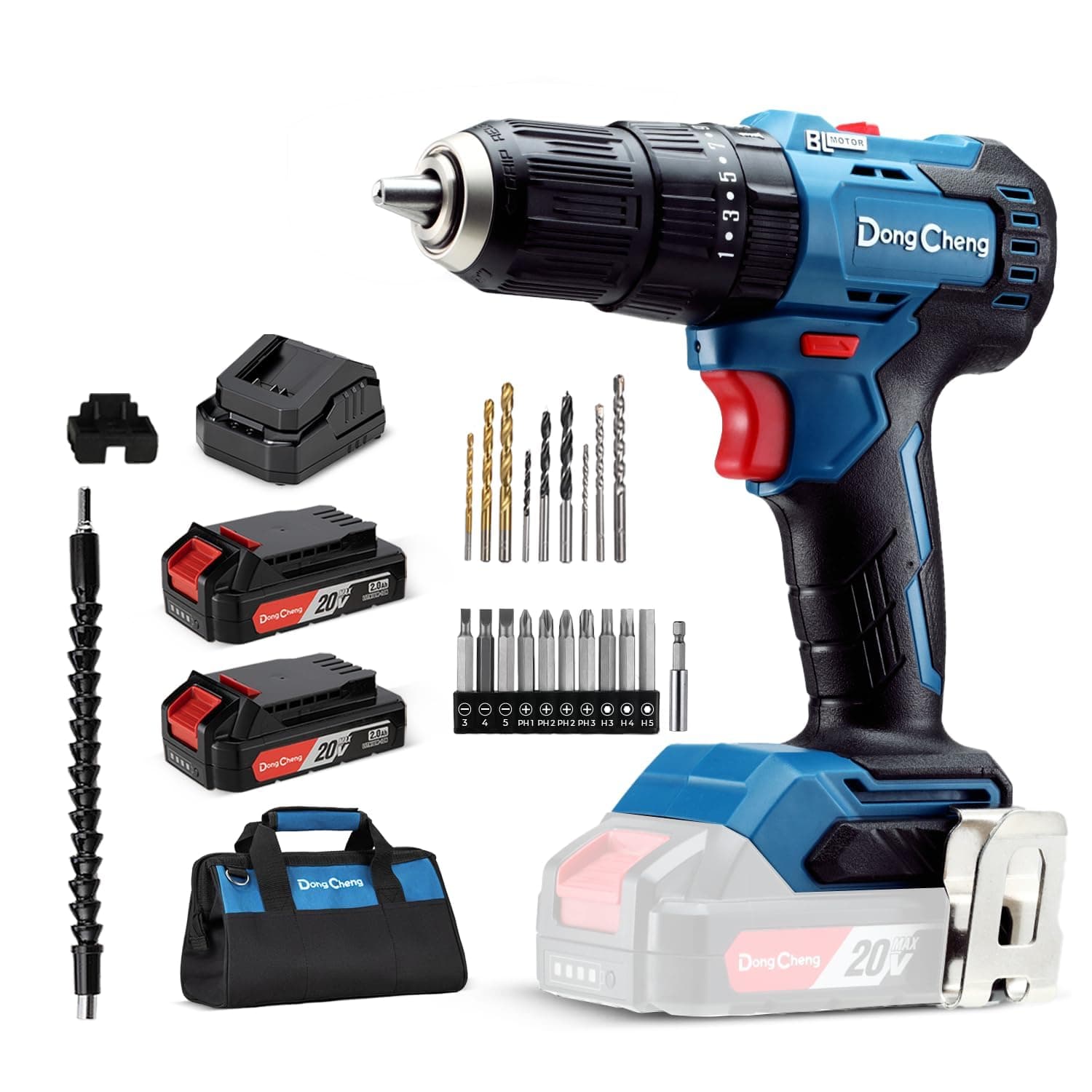 Dong Cheng 20V Brushless Heavy-duty Impact Drill, 443 in-lbs, 27000 IPM, 1/2" Keyless Metal Chuck, 20+1+1 Clutch, Cordless Hammer Drill with 2 Battery Kit for Drilling Brick Wall, Metal, Wood