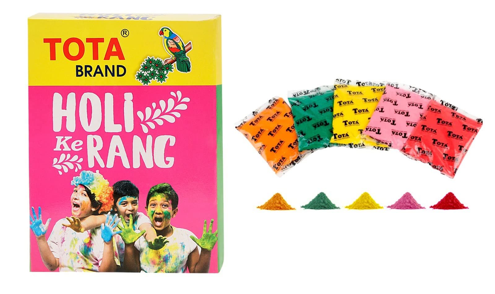 TOTA Holi Ke Rang – 5 Shades of Gulal Holi Colours for Gender Reveal | Red Orange Green Yellow Pink | 100% NonToxic Herbal Holi Color Gift Box – 375 Gm