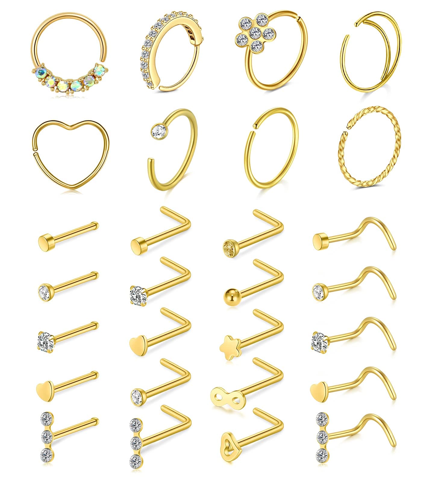 20g Nose Rings Hoops And Studs For Women Men - Hypoallergenic 316L Surgical Stainless Steel L Shape Nose Screw Bone Silver Rose Gold Black Rainbow Pack 28Pcs