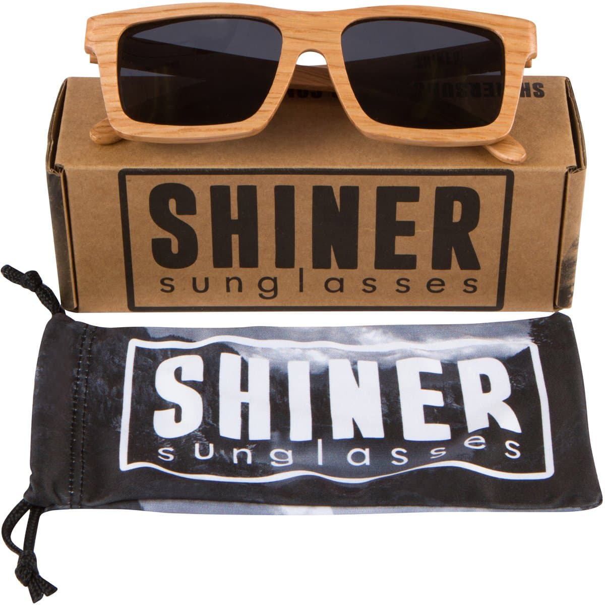 SHINER Wood Sunglasses - Engraved Oak Polarized Black Lens with Unique Rectangle Lightweight Floating Wooden Frame (Oak, Midnight Black)