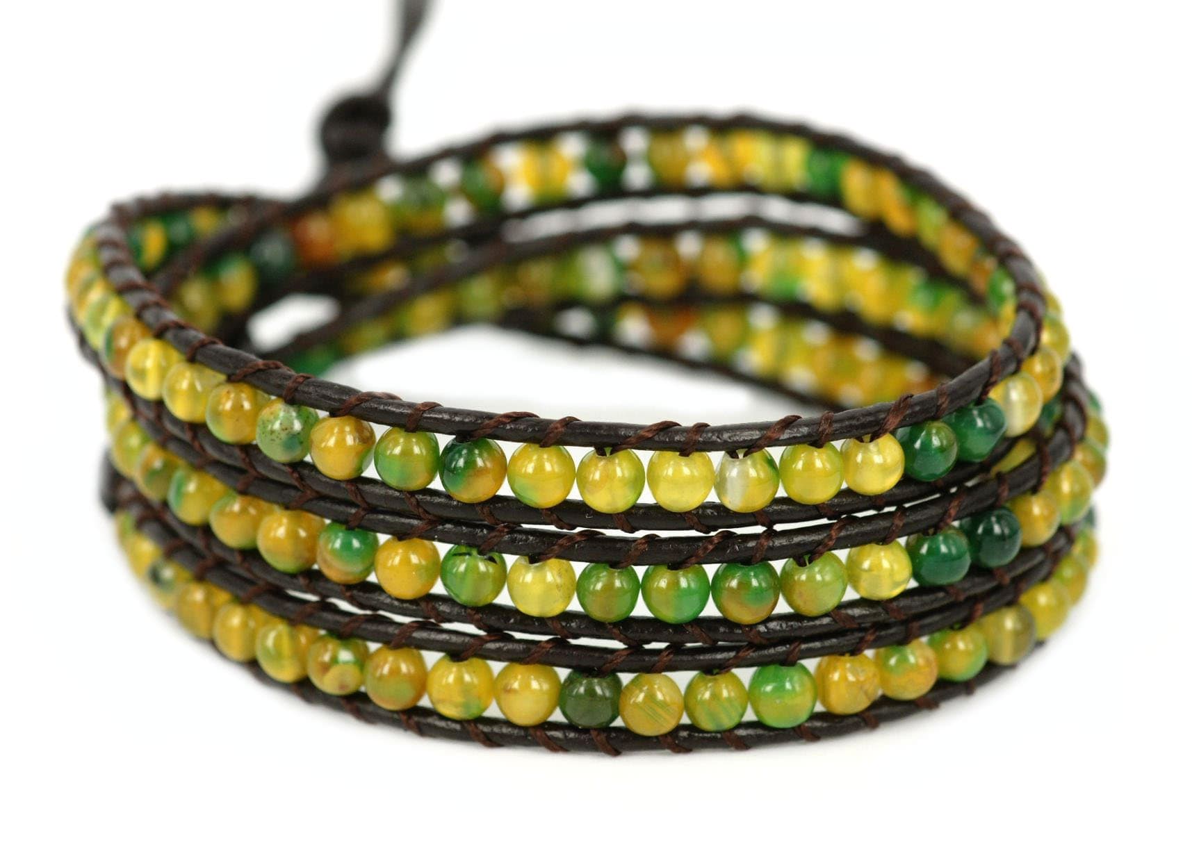 BLUEYES COLLECTION "Gremlins Green Agate Onyx Gemstone Beads Genuine Lleather Bracelet,3 Wraps,4mm/Bead