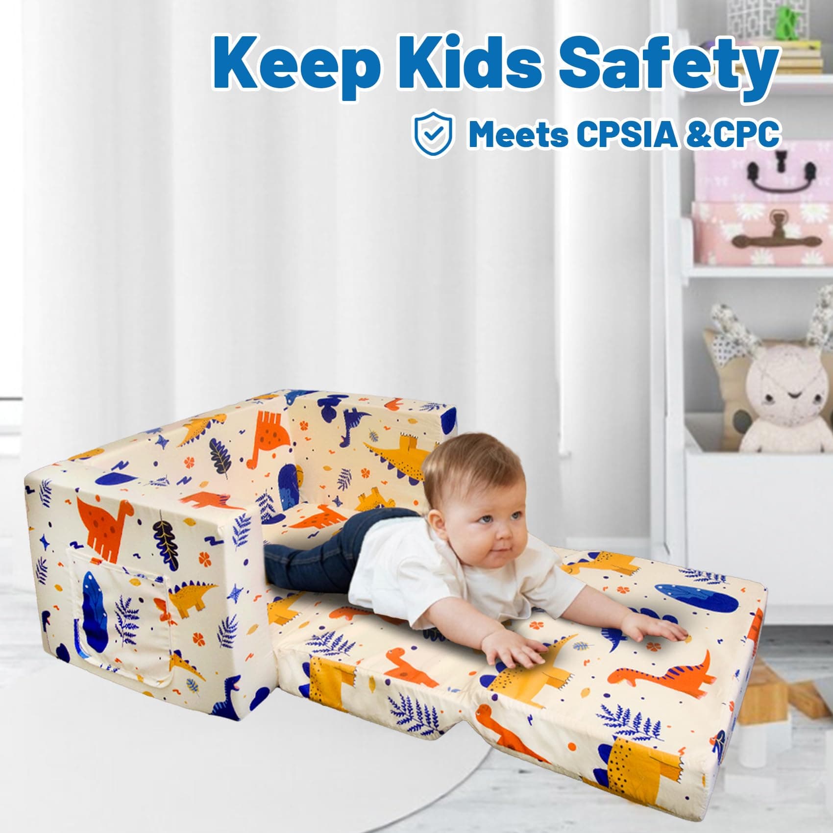 Kids Sofa Toddler Couch, Children's 2 in 1 Convertible Sofa to Lounger, Extra Soft Flip Open Chair Sofa Bed, Cute Dinosaur Print Toddler Chair for Kids Girls Boys (Grass Dinosaur, Medium)