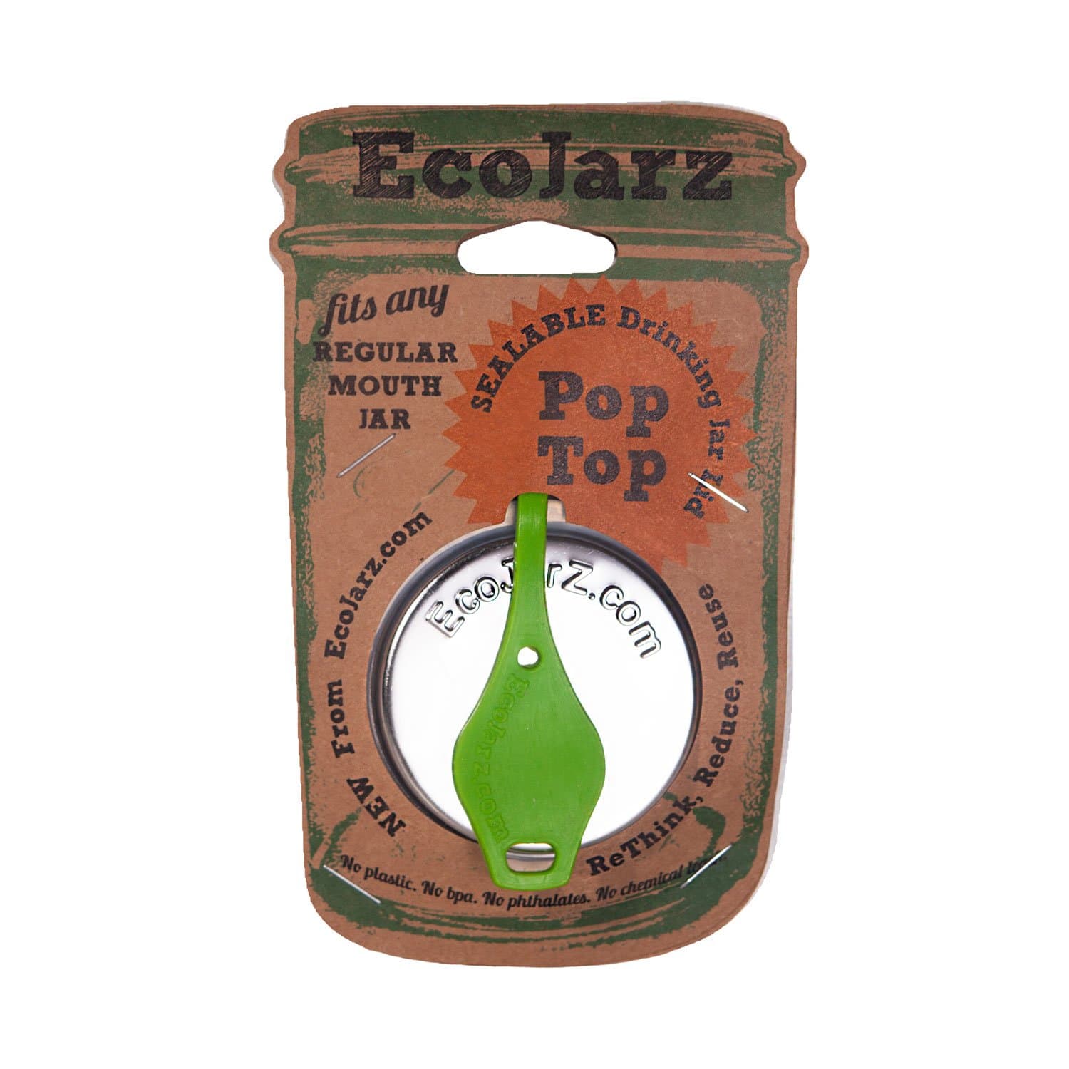 Ecojarz: Small-Mouth Pop-top Sealable Drinking Jar Lid! Stainless Steel and Silicone. Non-plastic (Lime Green)