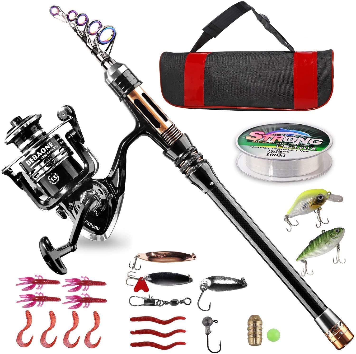 BlueFire Fishing Rod Kit, Carbon Fiber Telescopic Fishing Pole and Reel Combo with Spinning Reel, Line, Lure, Hooks and Carrier Bag, Fishing Gear Set for Beginner Adults Saltwater Freshwater