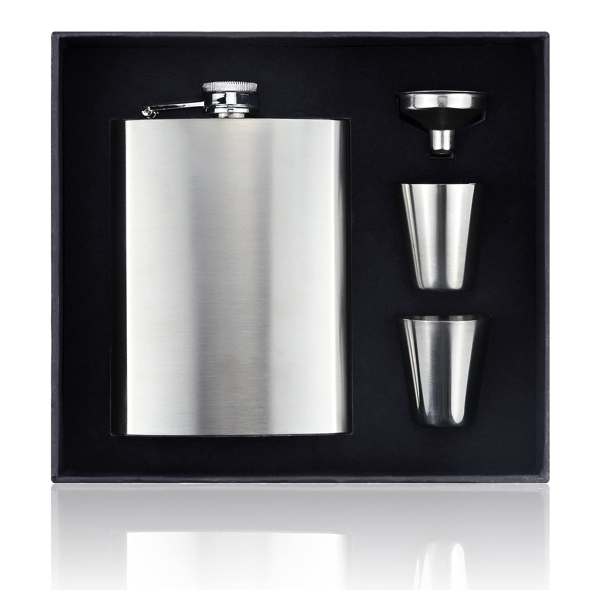 Hip Flask Set, 8 oz Stainless Steel Silver Hip Flask with Funnel and 2 Small Glasses Portable Pocket Whiskey Flask with Gift Box for Men Bar Party Outdoors Climbing