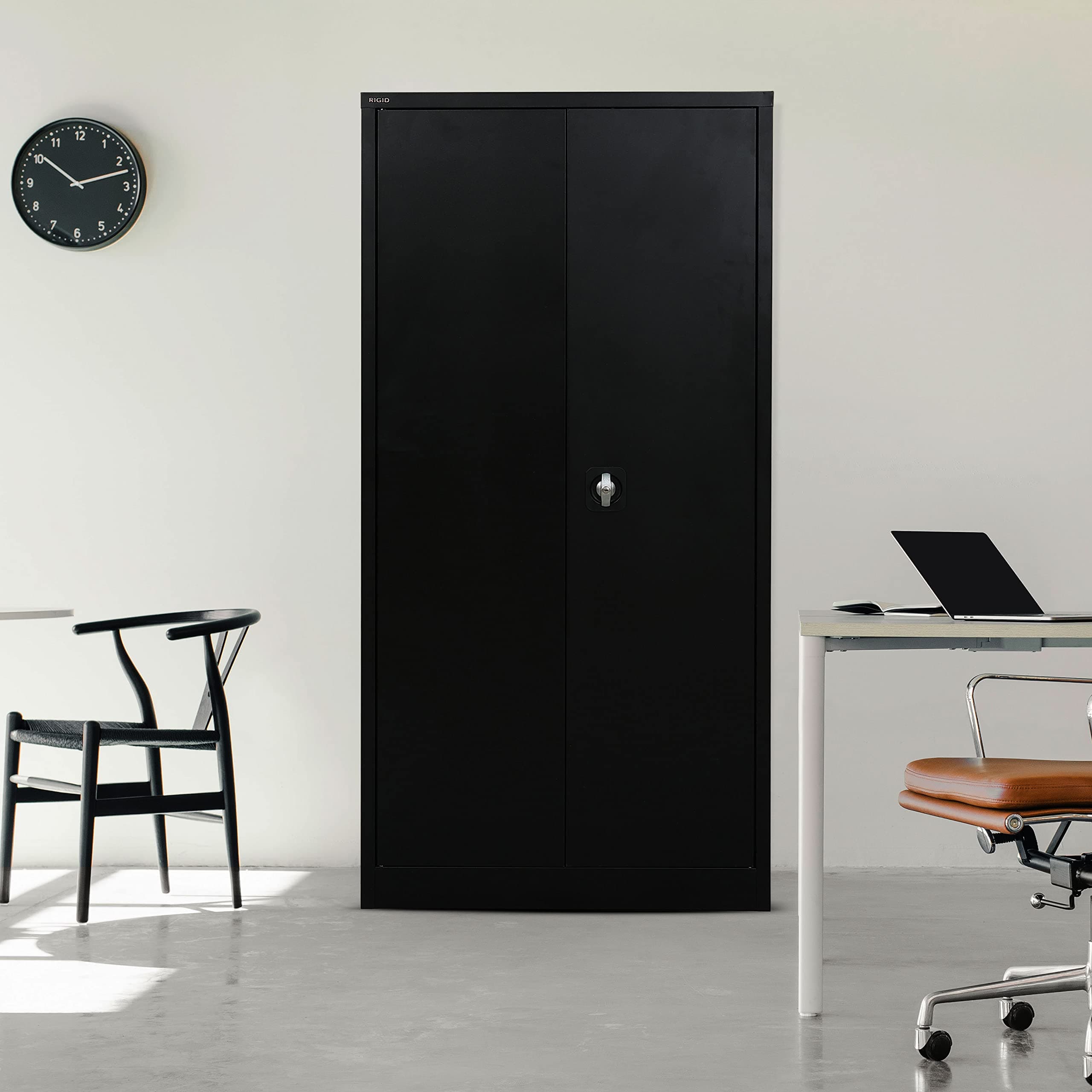 RIGID Office Storage Cupboard with Shelves | Metal Filing Cabinet for Documents | Supplies and Records | Secure Flush Lock System | Vertical Organizer Layout | Black (39D x 85W x 180H CM) Assembled