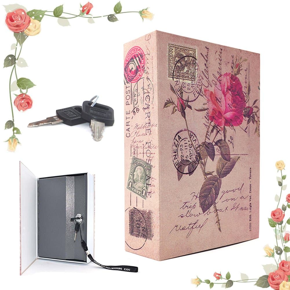 EIOUMAX 9.6 x 6.2 x 2.2 inches Beatiful Rose Inches Book Safe with Key Lock, Metal,safe for money