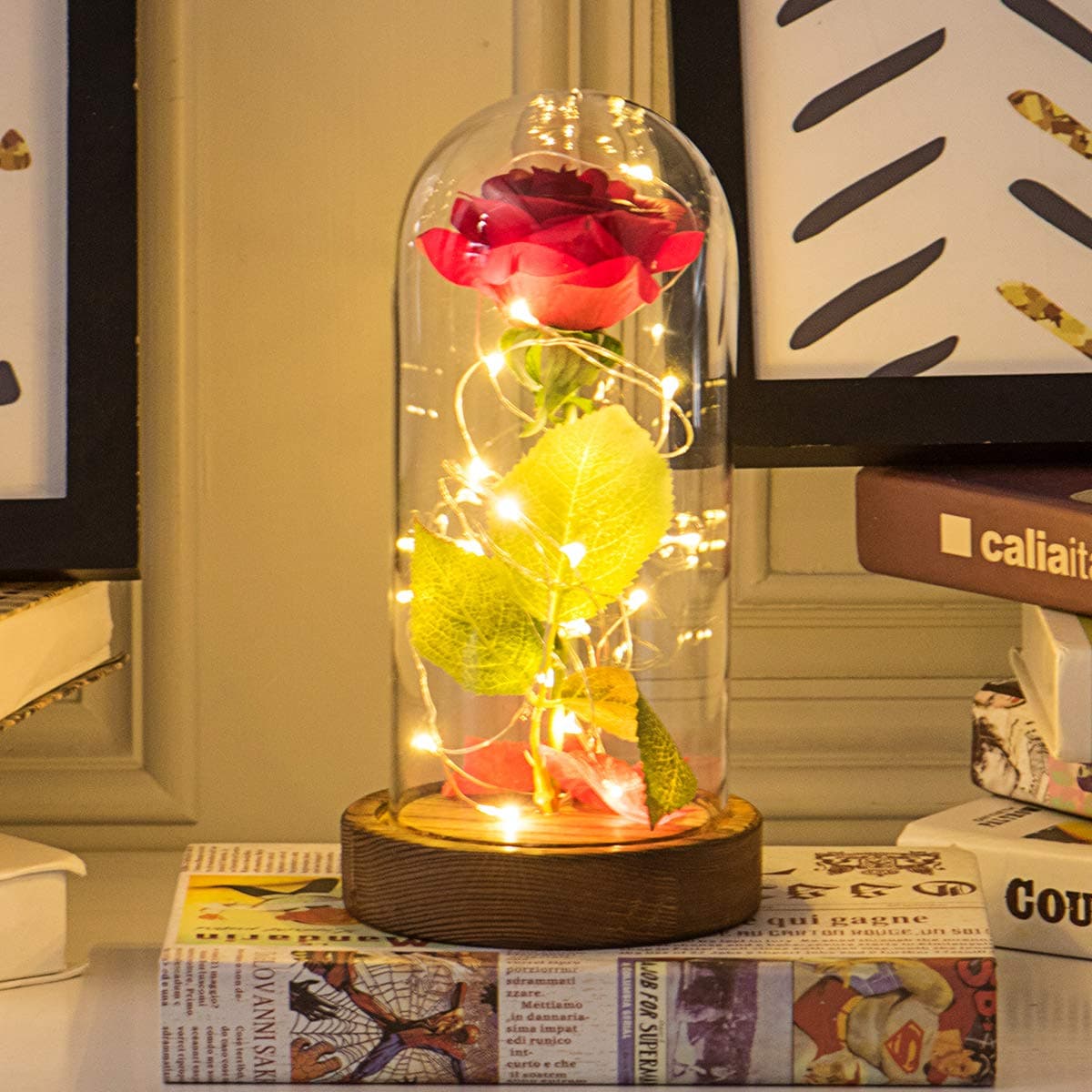 Yamonic Beauty and The Beast Rose, Enchanted Red Rose Forever Silk Rose in Glass Dome Best Gifts for Valentine's Day Gifts for Her, Anniversary, Wedding, Birthday Gifts (Red Silk Rose)