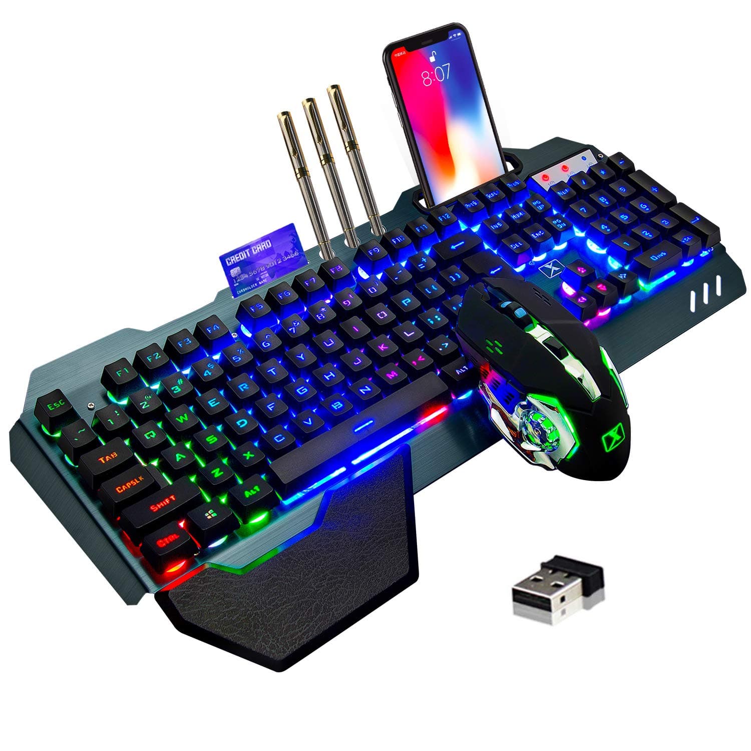 Wireless Gaming Keyboard and Mouse,Rainbow Backlit Rechargeable Keyboard Mouse with 3800mAh Battery Metal Panel,Removable Hand Rest Mechanical Feel Keyboard and 7 Color Gaming Mute Mice for PC Gamers