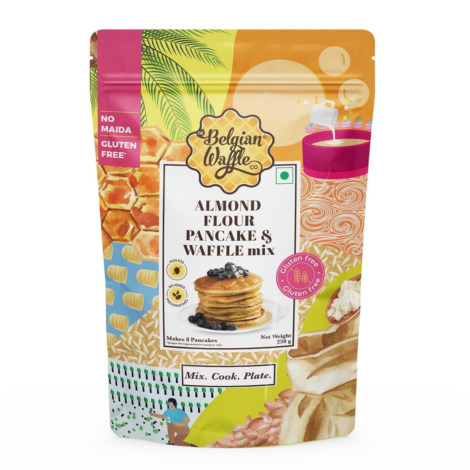 The Belgian Waffle Co Almond Flour Pancake & Waffle Premix, No Maida, 100% Vegetarian and Eggless, No Added Preservatives and Gluten Free, Instant Breakfast Mix - 250gm (9 Pancakes Each, Pack of 1)