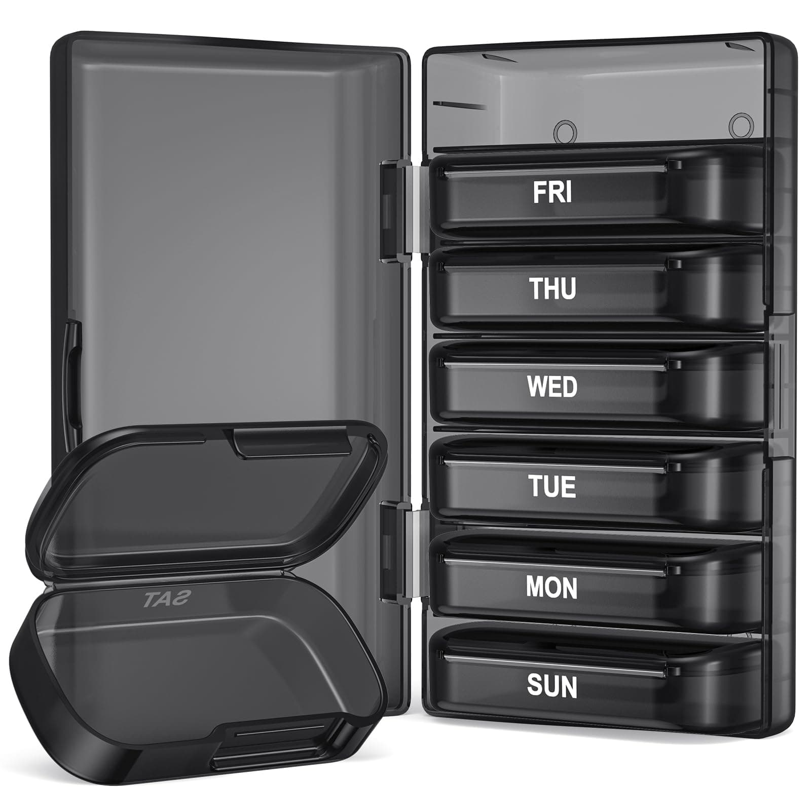 PULIV Weekly Pill Organizer with Large Capacity, Dual Protection Pill Box 7 Day, Arthritis Friendly Pill Case Easy to Open, Medicine Organizer for Vitamins, Medications, Fish Oils, Supplements (Black)