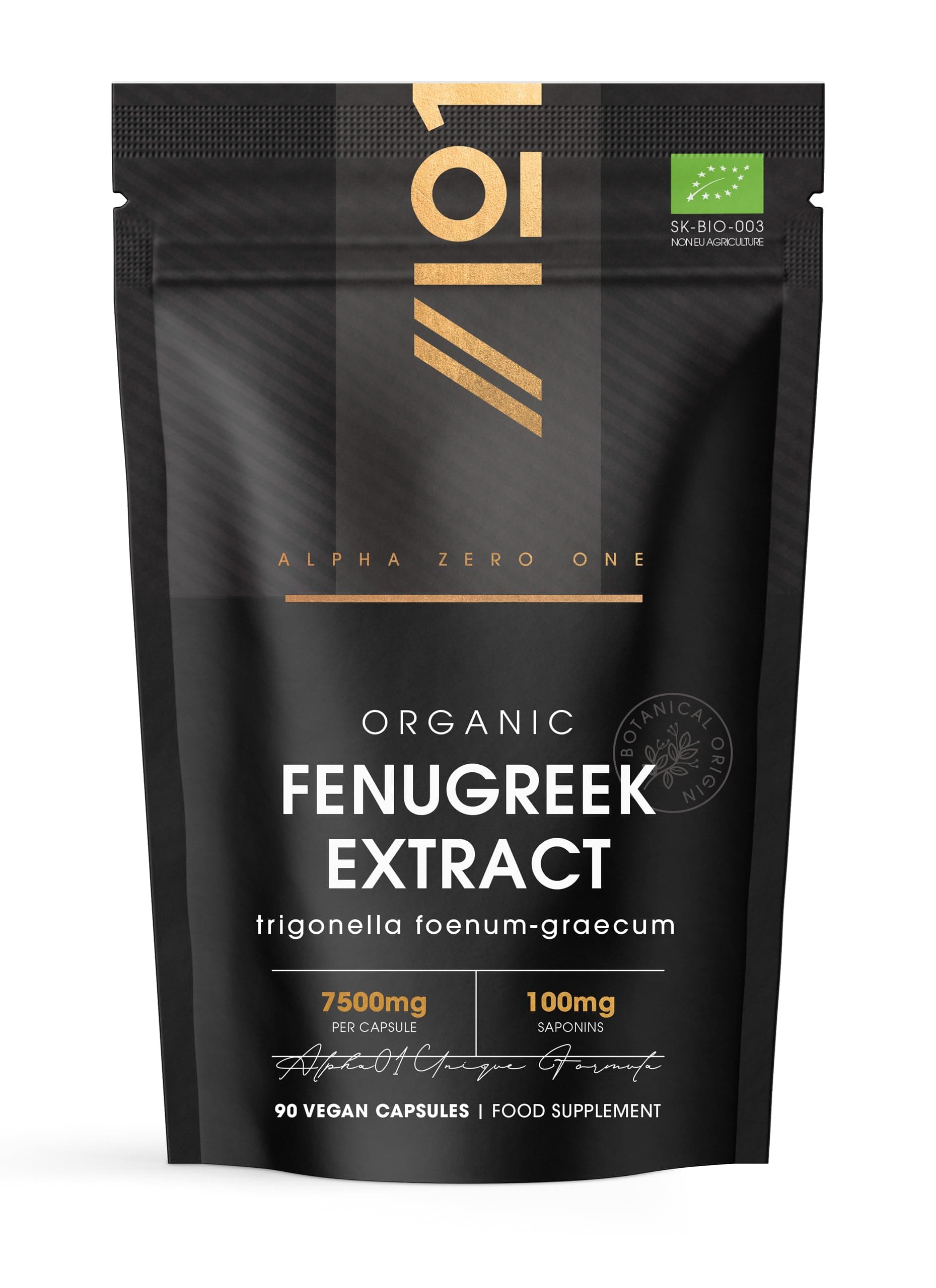 Organic Fenugreek Extract 7500mg - High Strength 20% Saponins (100mg) Supplement - 90 Vegan Capsules (3 Months Supply) - Resealable and Recyclable Pouch - By Alpha01