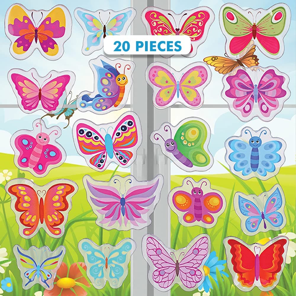 Beautiful Butterflies Gel Window Clings for Kids - Window Stickers for Toddlers, Gel Clings Flower Window Decals Kids Jelly Reusable Sticker - Home Car Plane Airplane Activities (Jesplay USA)